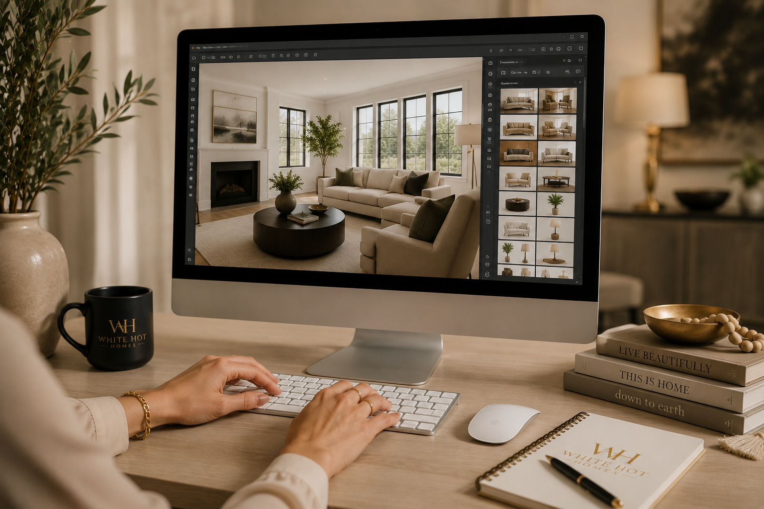 Luxury virtual staging by White Hot Homes transforming an empty living room into a beautifully furnished space.