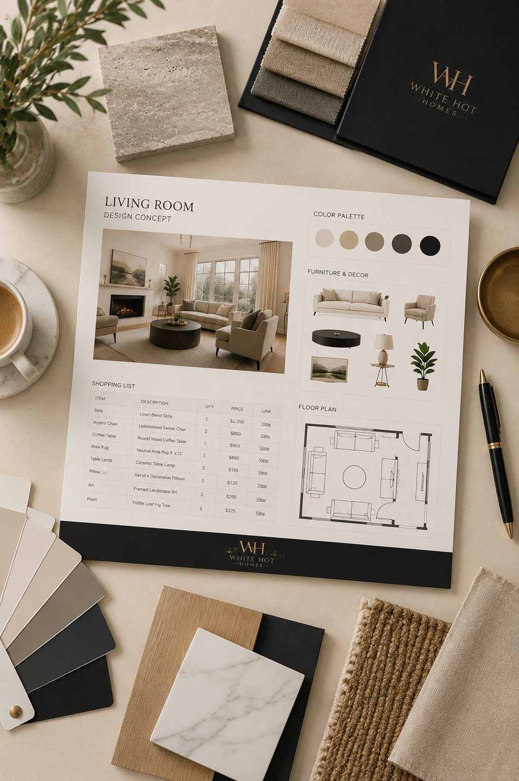 White Hot Homes personalized design plan with virtual rendering, shopping guide, floor plan, color palette, and curated furniture selections.