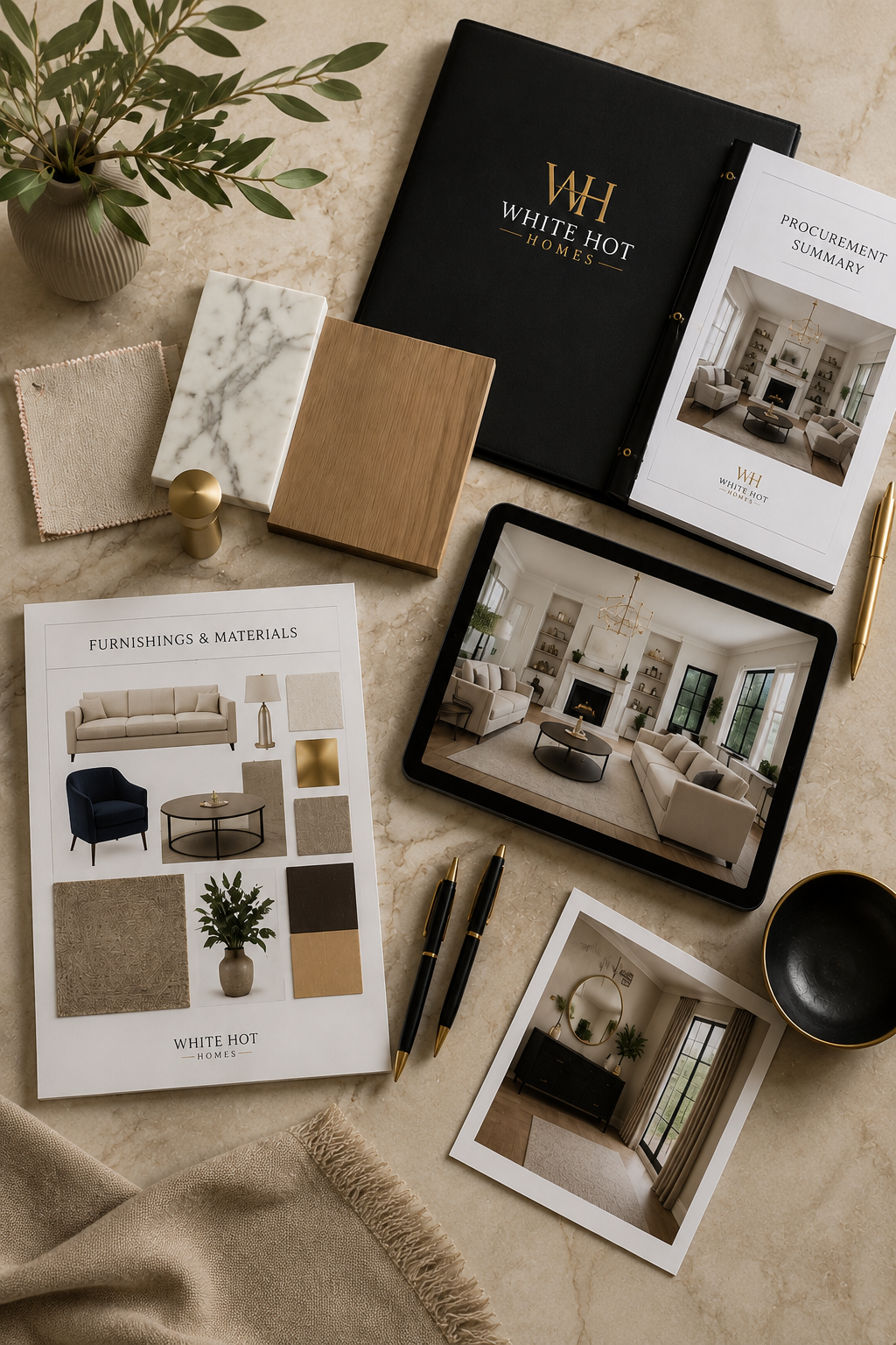 White Hot Homes custom design package featuring curated furnishings, material selections, procurement planning, and luxury interior design concepts.