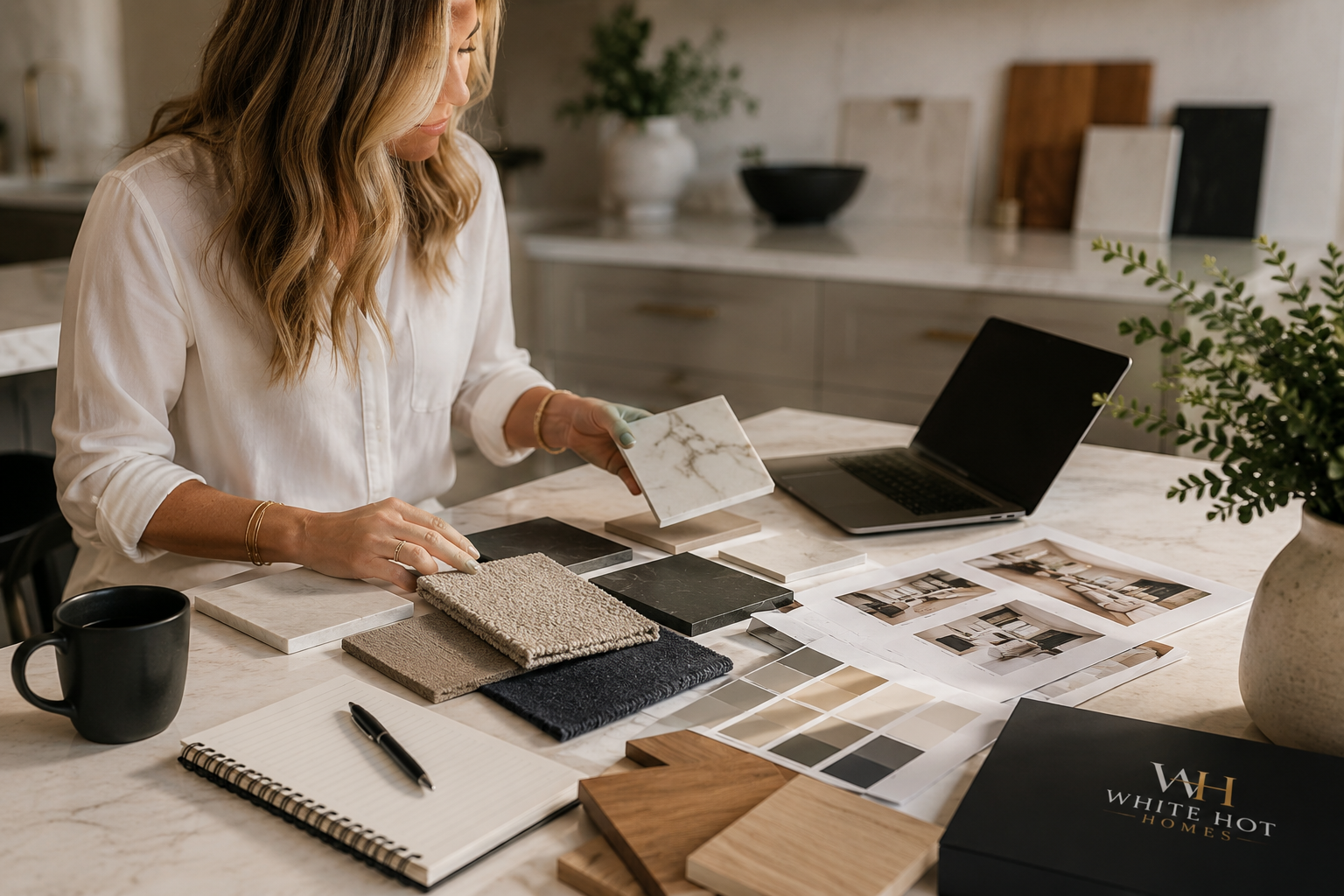 White Hot Homes interior designer creating a custom home design plan with material samples and furniture selections.