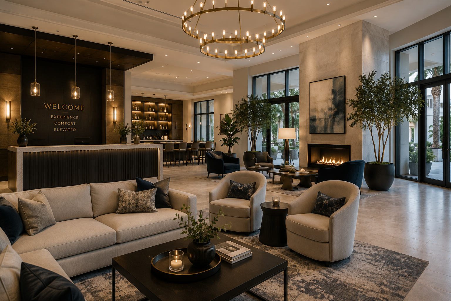 Luxury hospitality and model home interior designed by White Hot Homes featuring curated furnishings and upscale styling.
