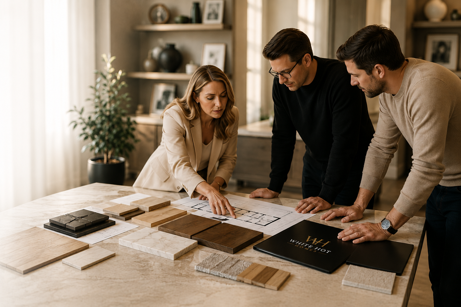 White Hot Homes project management team coordinating luxury home installation, contractor scheduling, and interior design execution.