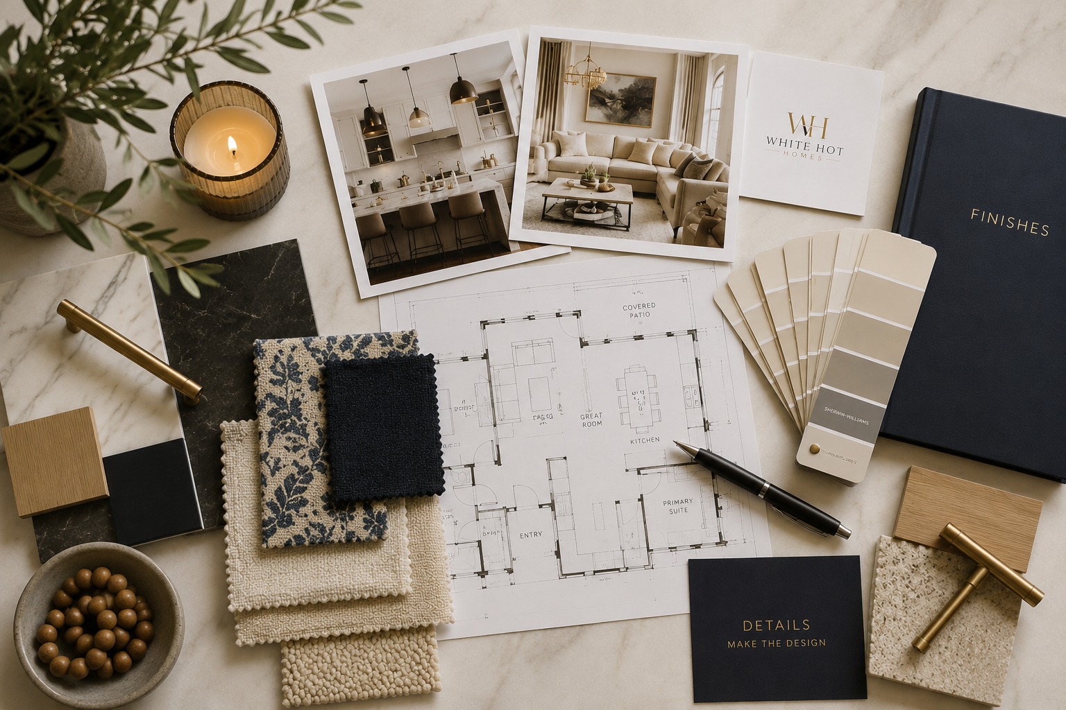 White Hot Homes luxury interior design materials including floor plans, fabric samples, and curated finishes.