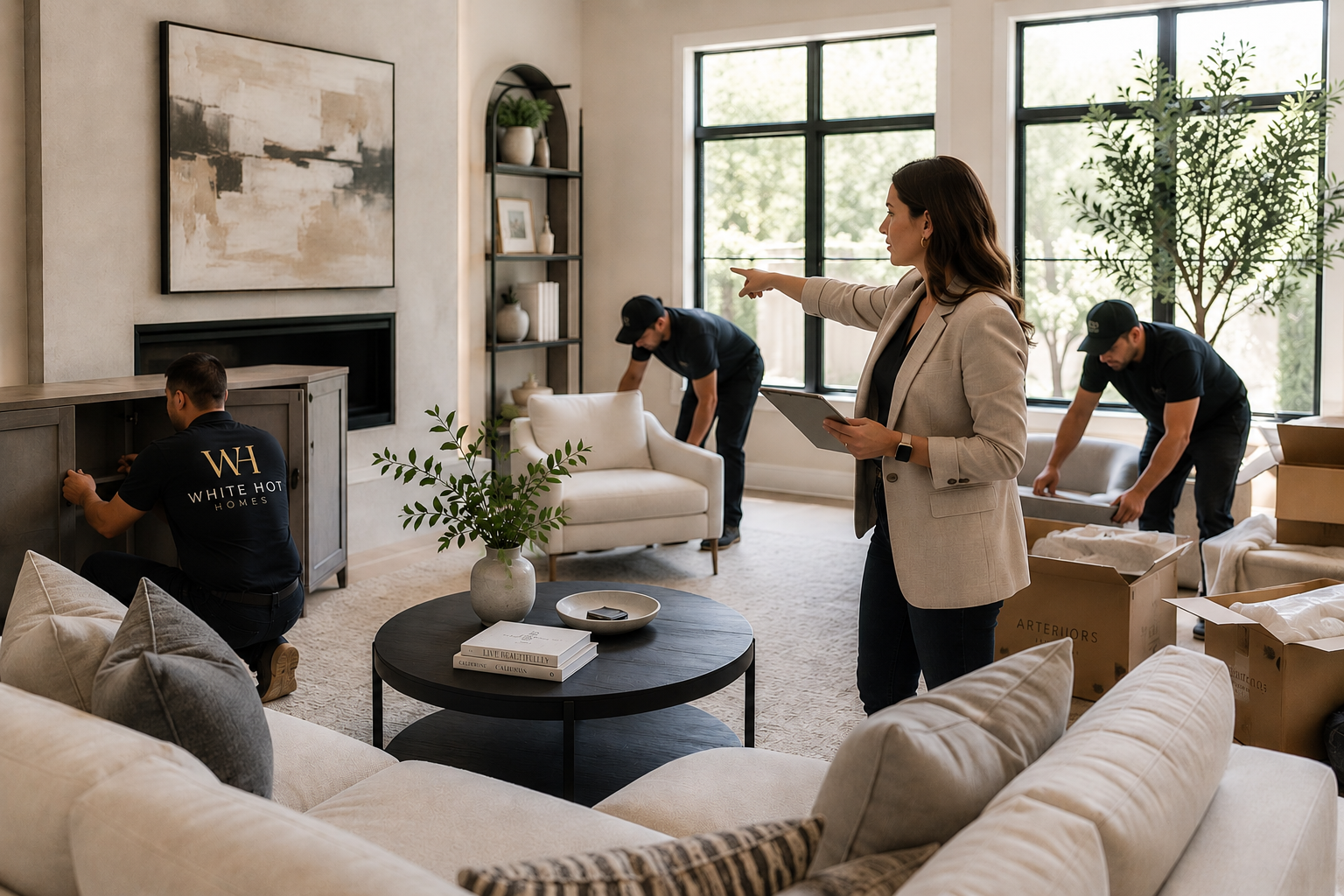 White Hot Homes coordinating furniture installation and final styling in a luxury living room.
