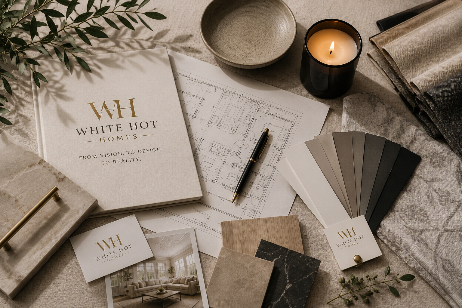 Luxury interior design presentation featuring floor plans, finish selections, and procurement materials by White Hot Homes.