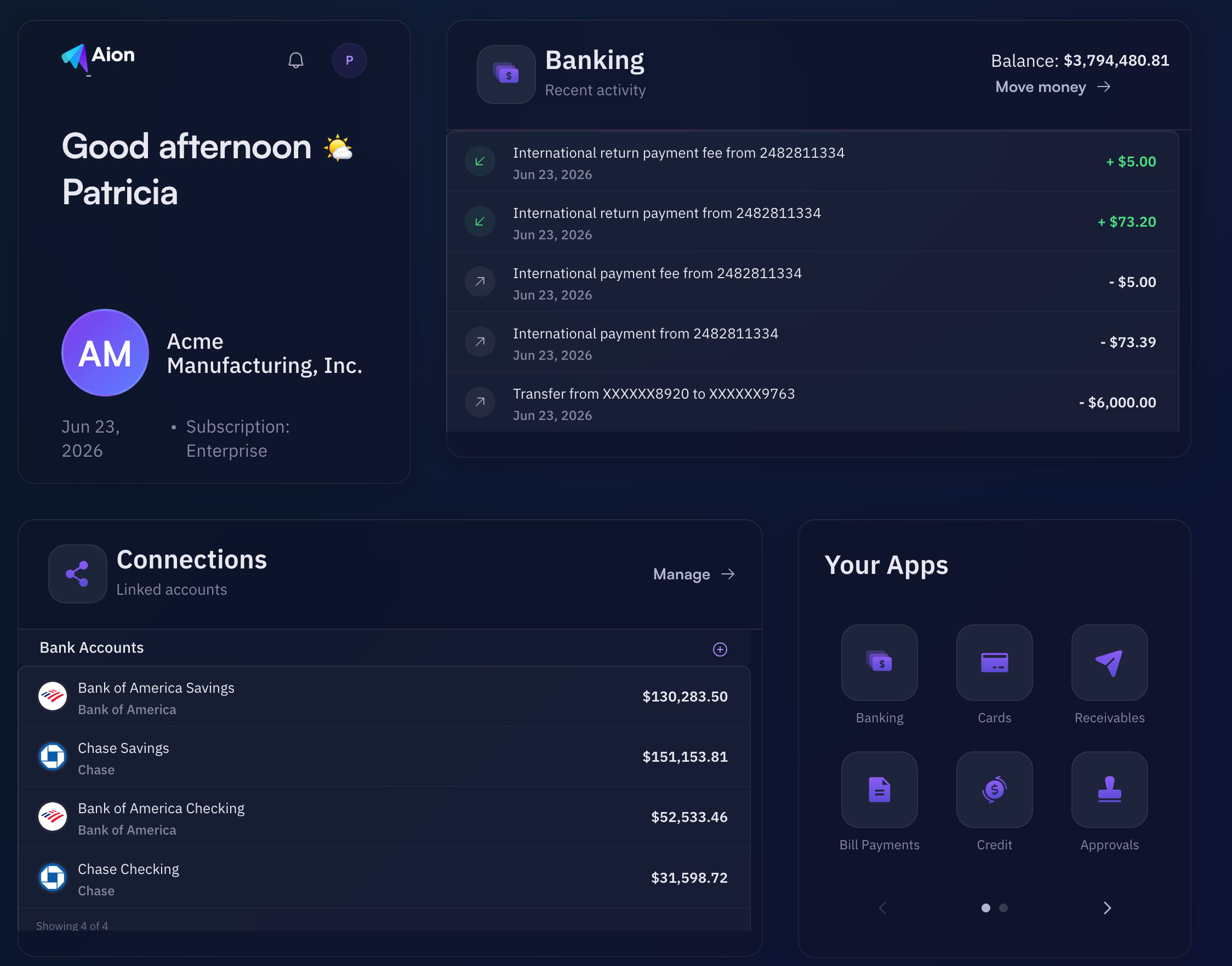Aion across Mac, iPad, and iPhone — banking overview, capital, and approvals on every surface.