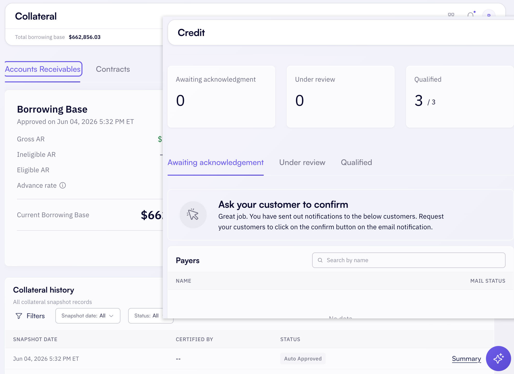 Aion business line of credit dashboard view.