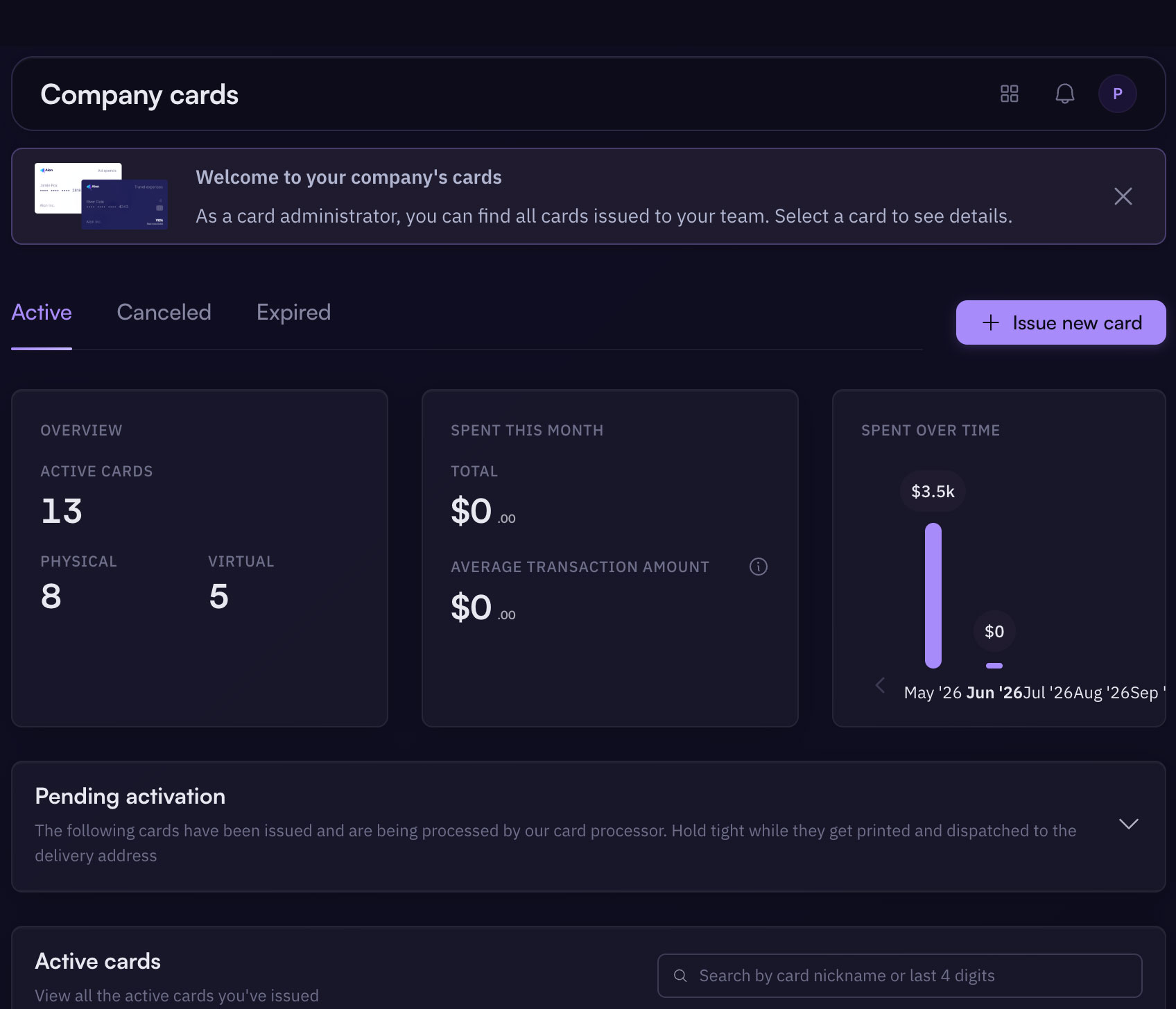 Aion corporate card management view.