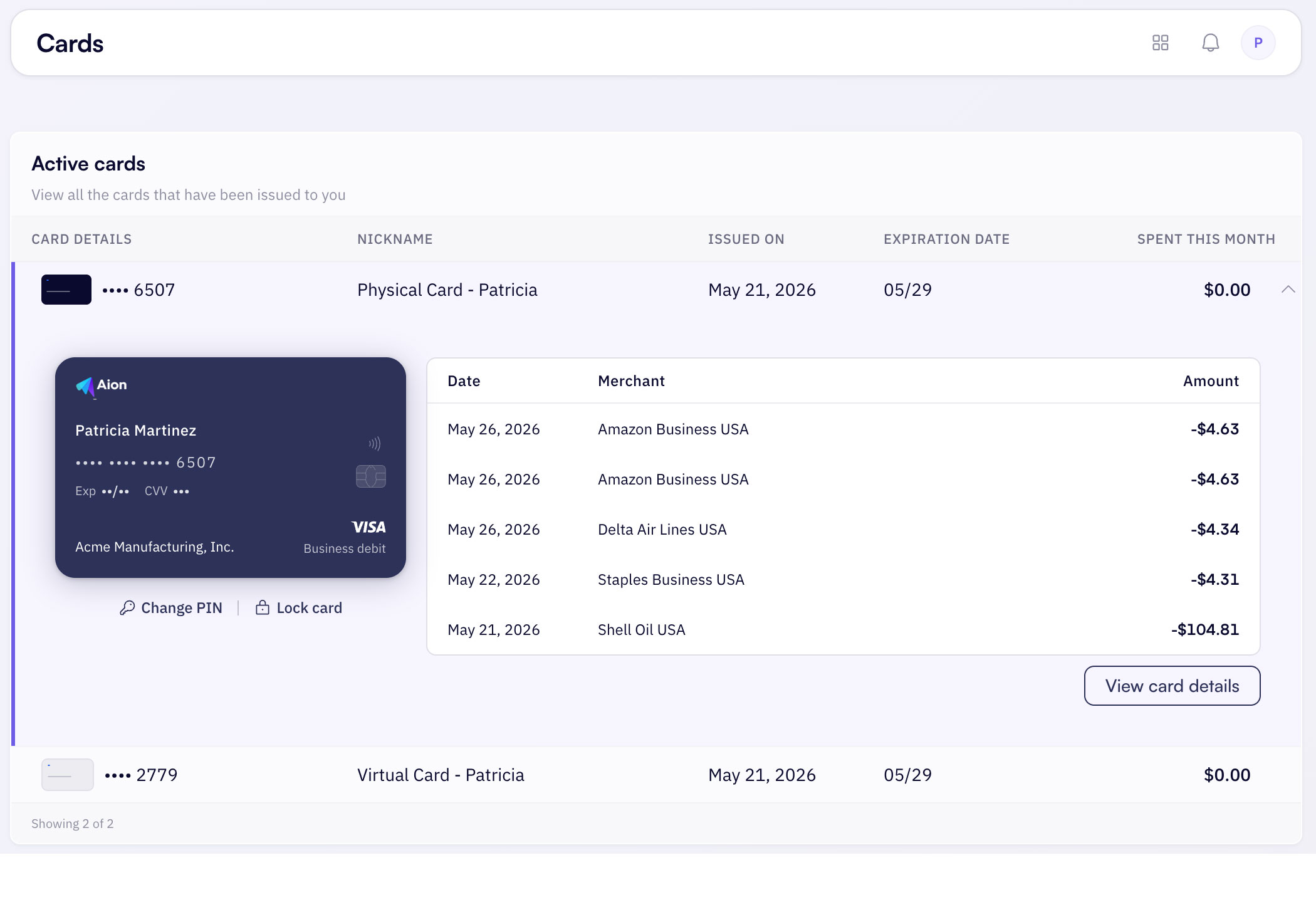 Aion corporate card view showing every card and where it's saved.