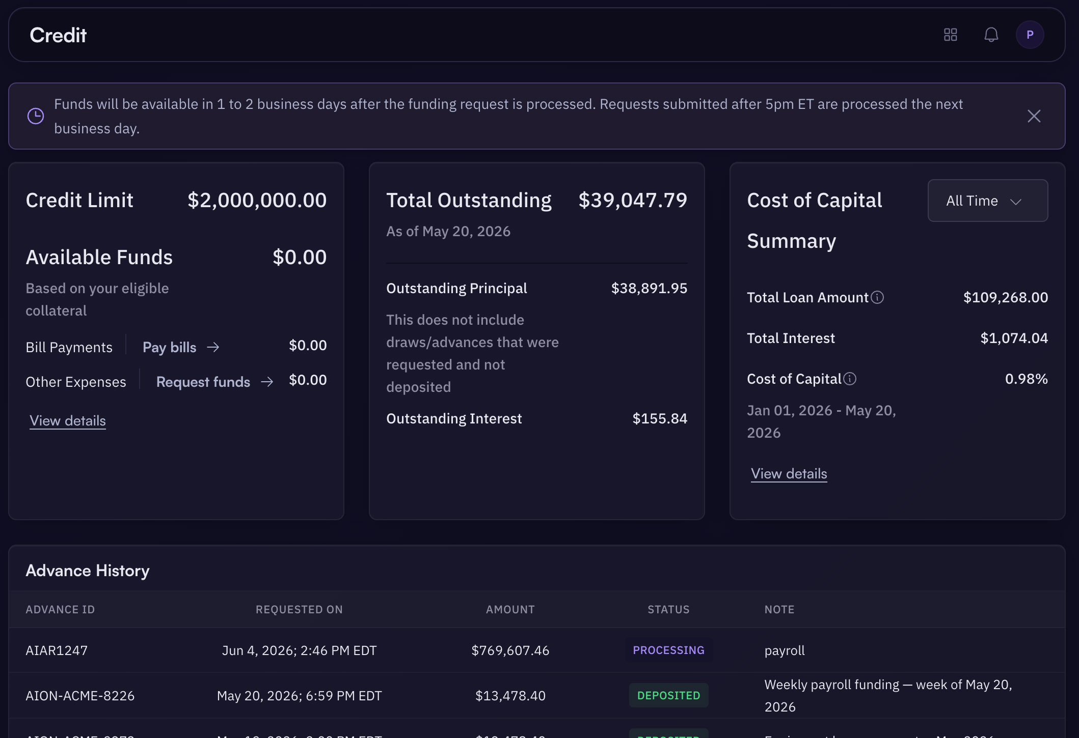 Aion working capital line of credit dashboard view.
