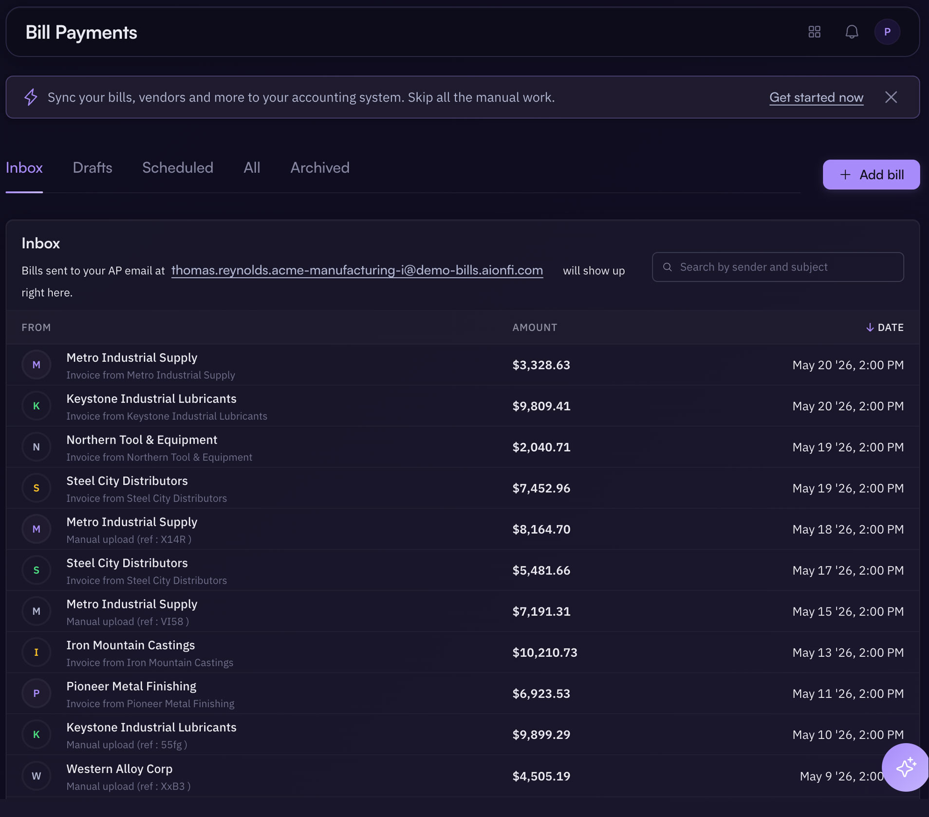 Aion bill pay dashboard showing payables alongside banking and credit.
