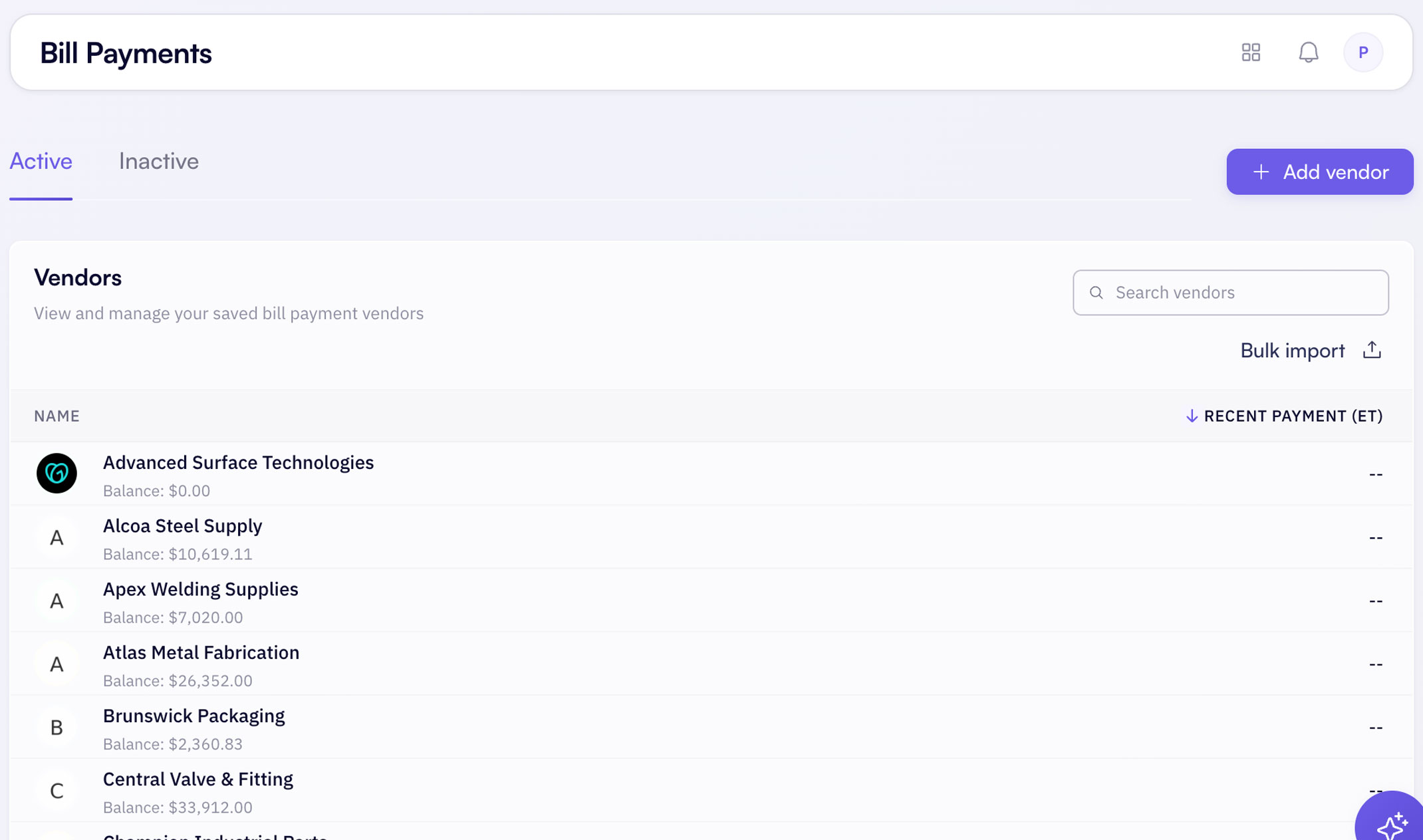 Aion bill pay platform view showing payables alongside banking and credit.