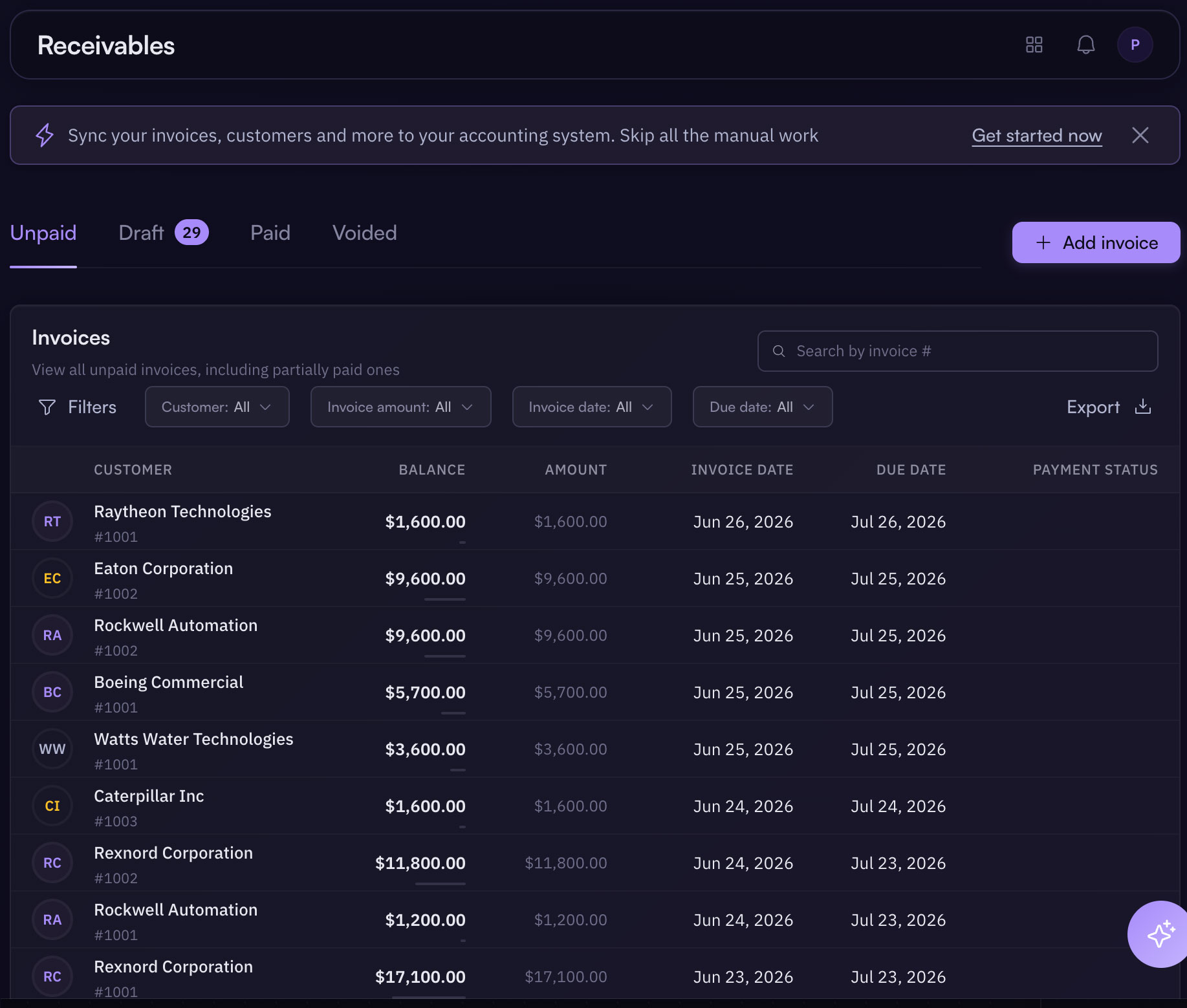 Aion invoicing and receivables dashboard.