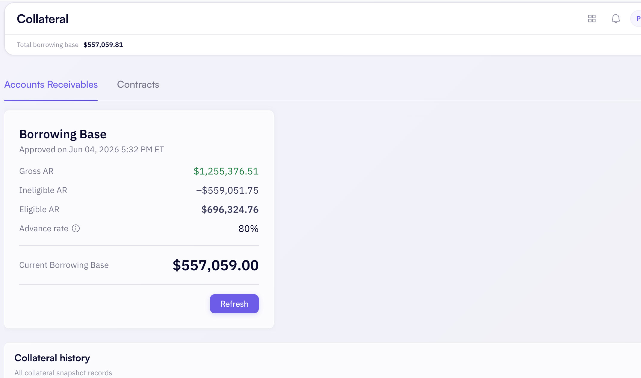 Aion invoicing view showing credit available against open receivables.