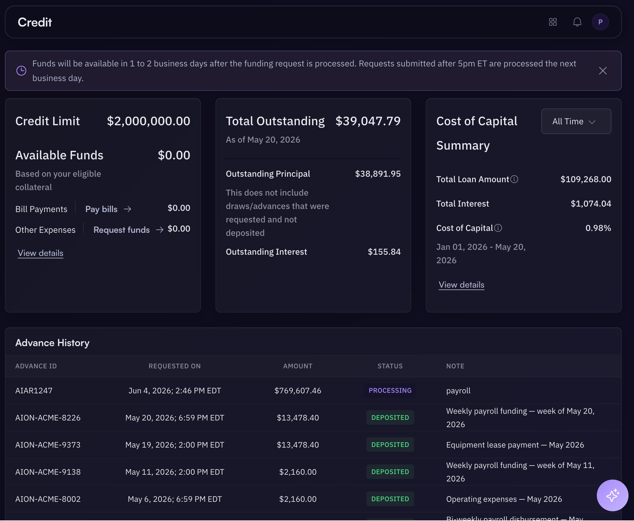 Aion line of credit — available limit, drawn balance, and automatic replenishment as invoices clear.