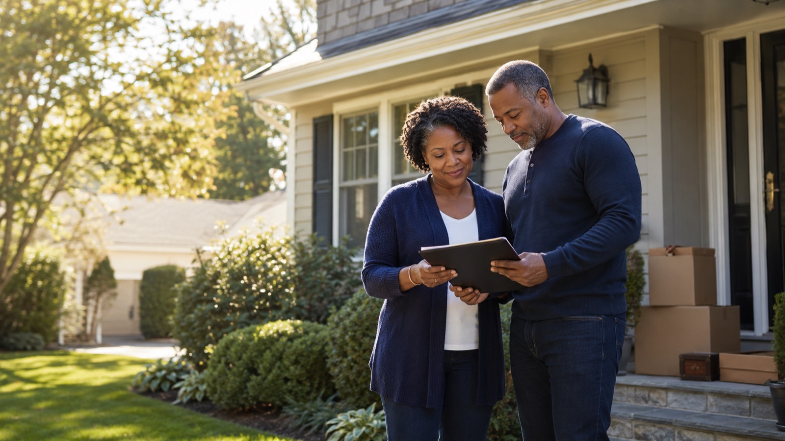 Executor and family reviewing estate paperwork outside a Long Island home