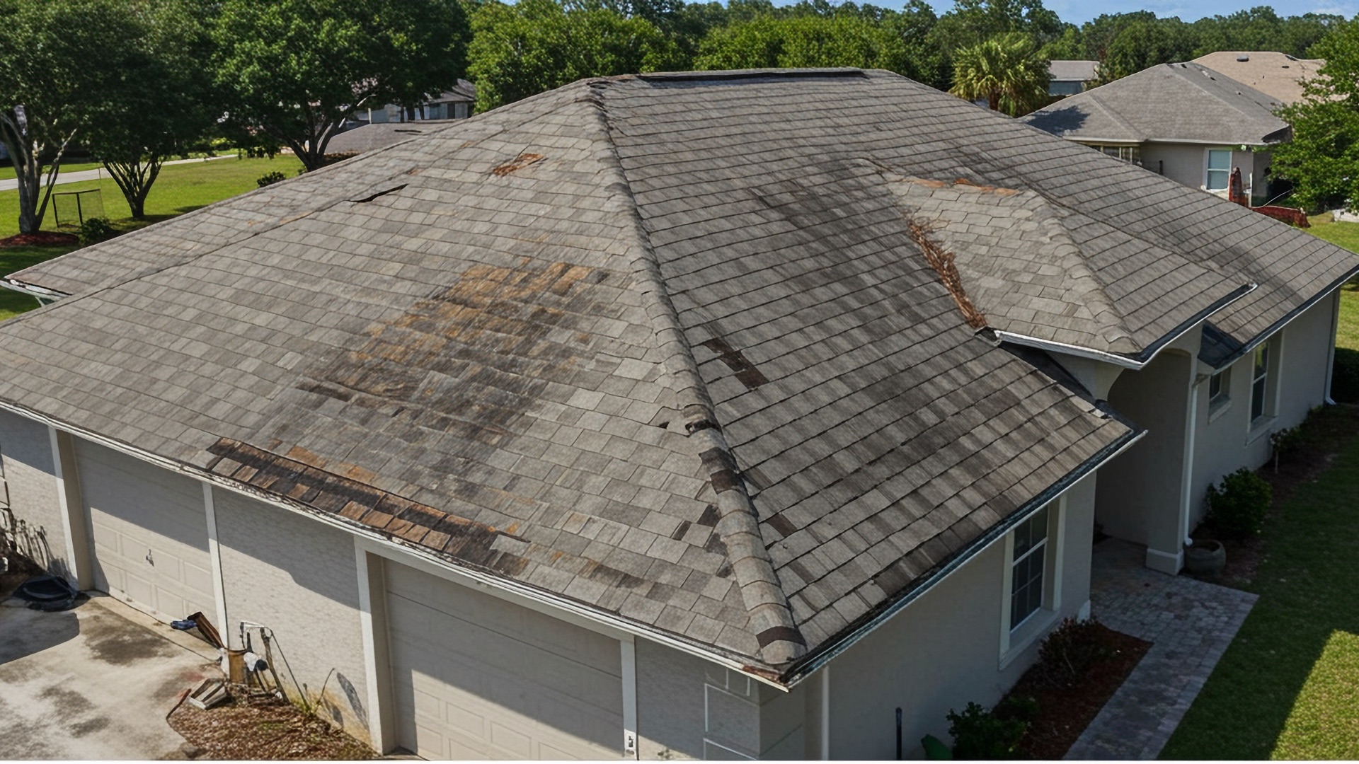 Aging shingle roof with storm damage before replacement — Jacksonville, FL