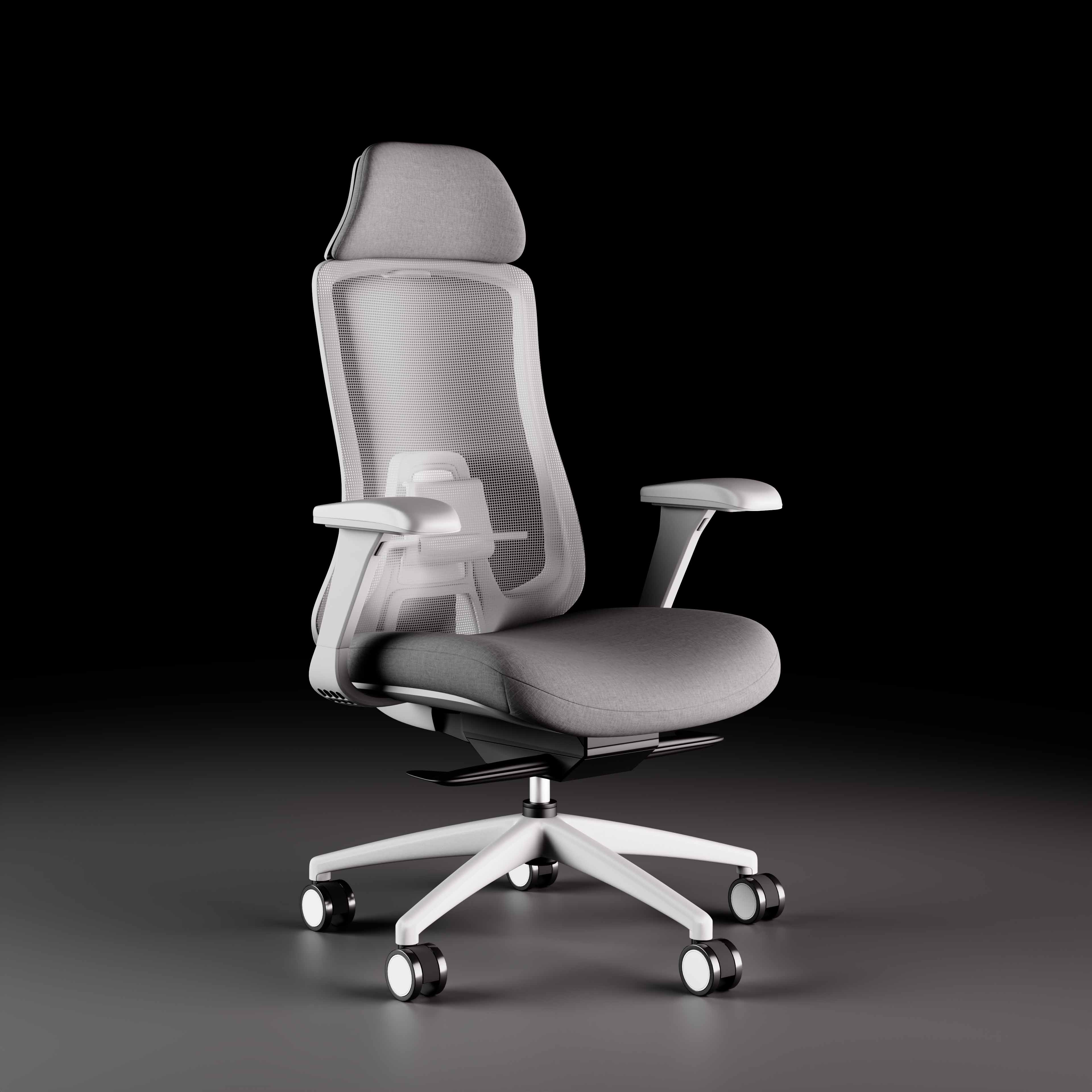 Modern ergonomic office chair with grey mesh back, cushioned seat, adjustable armrests, and wheels.