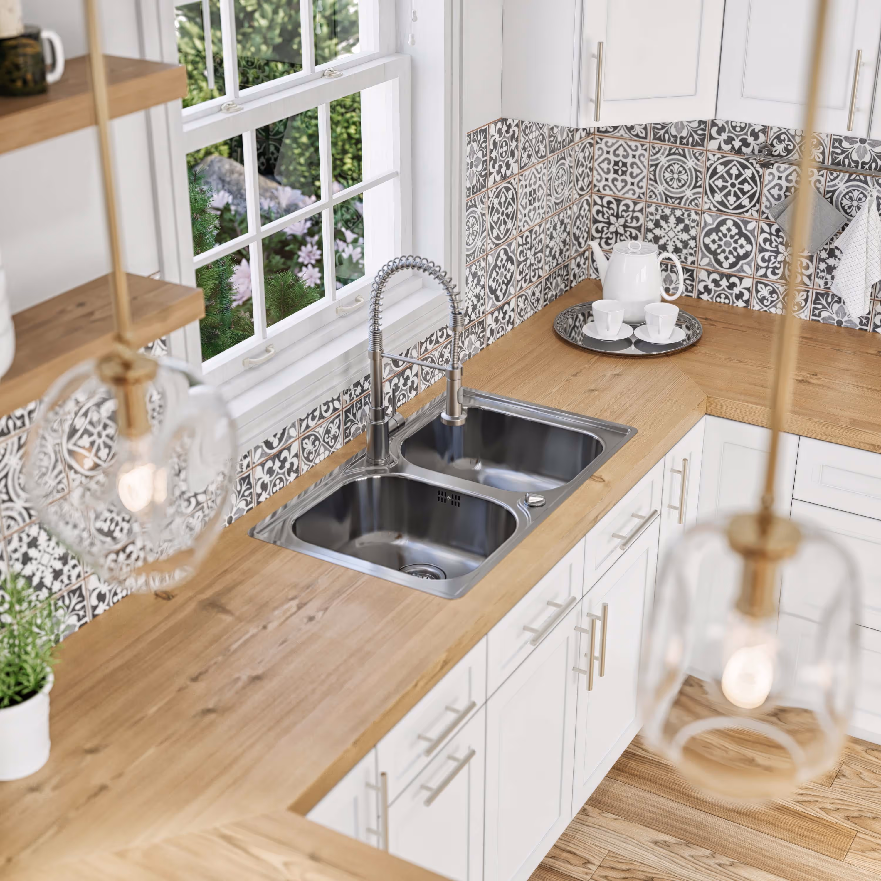 Traditional kitchen with a dual stainless steel sink, wood countertops, patterned tile backsplash, and white cabinets.