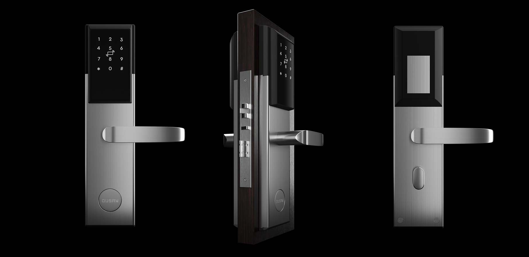 Front, side, and back views of a silver smart door lock with touchscreen keypad and handle.