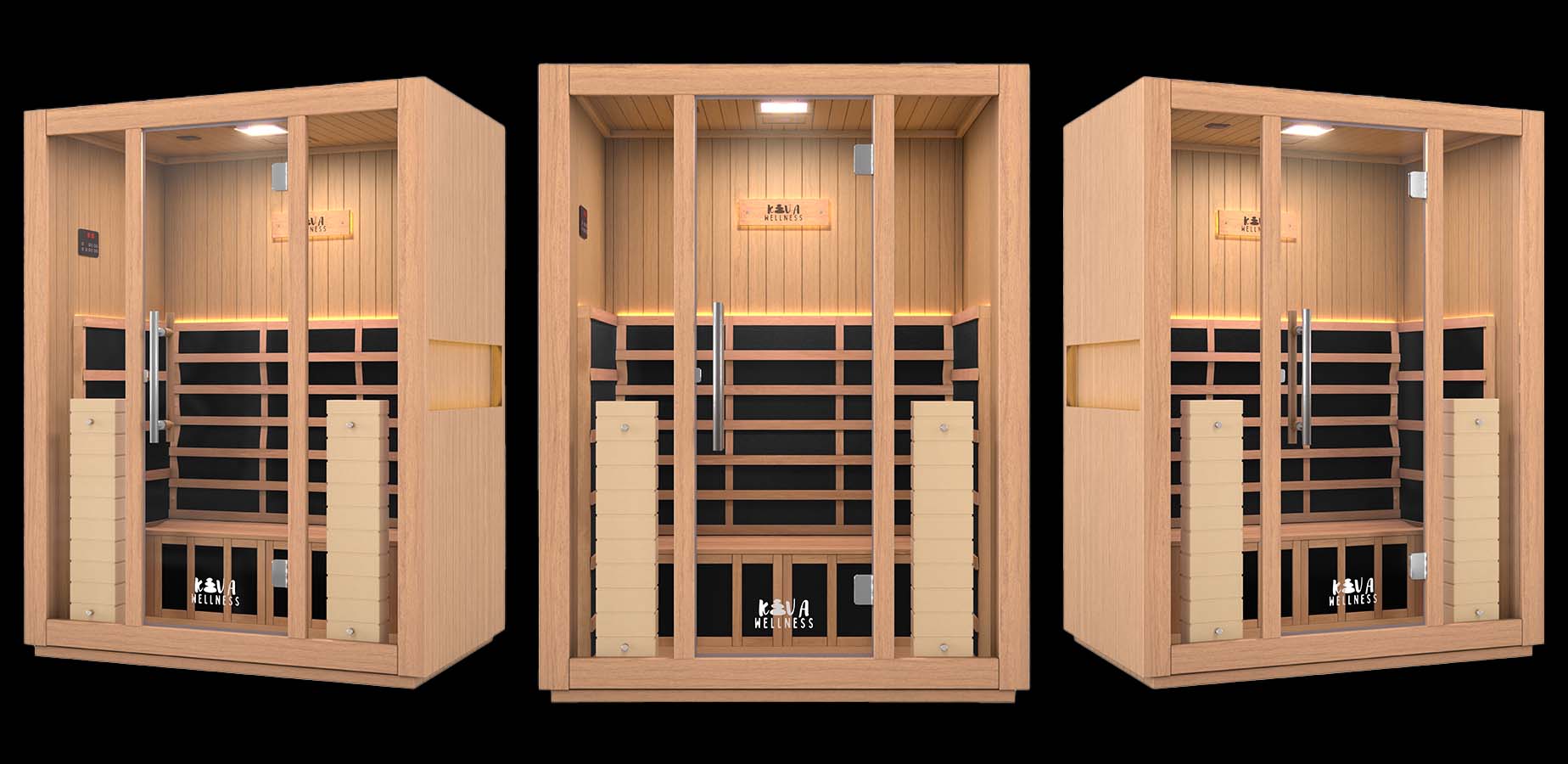 Three views of a wooden infrared sauna with glass doors and interior benches on a black background.