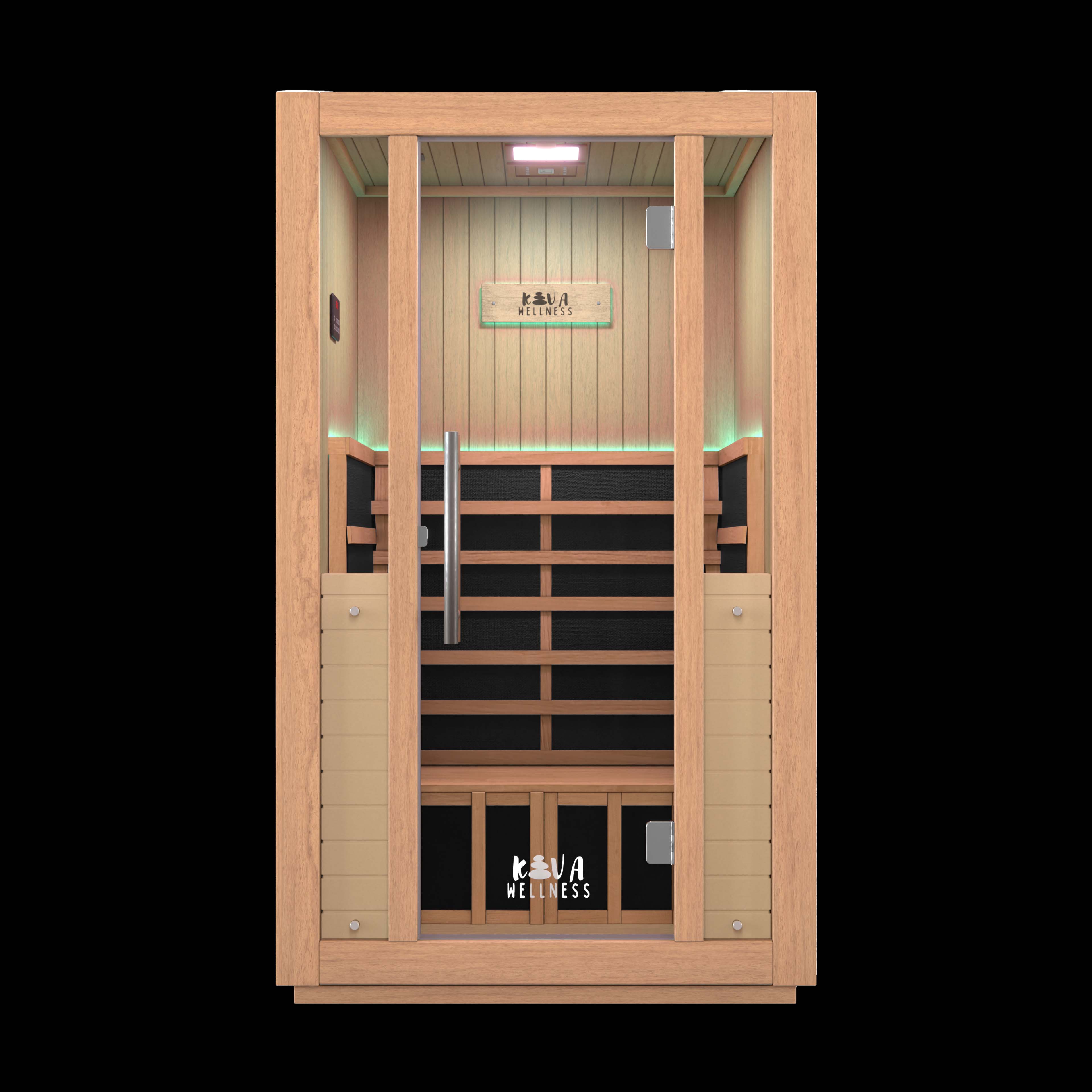 Front view of a small wooden indoor sauna with glass door and Kava Wellness logo inside.