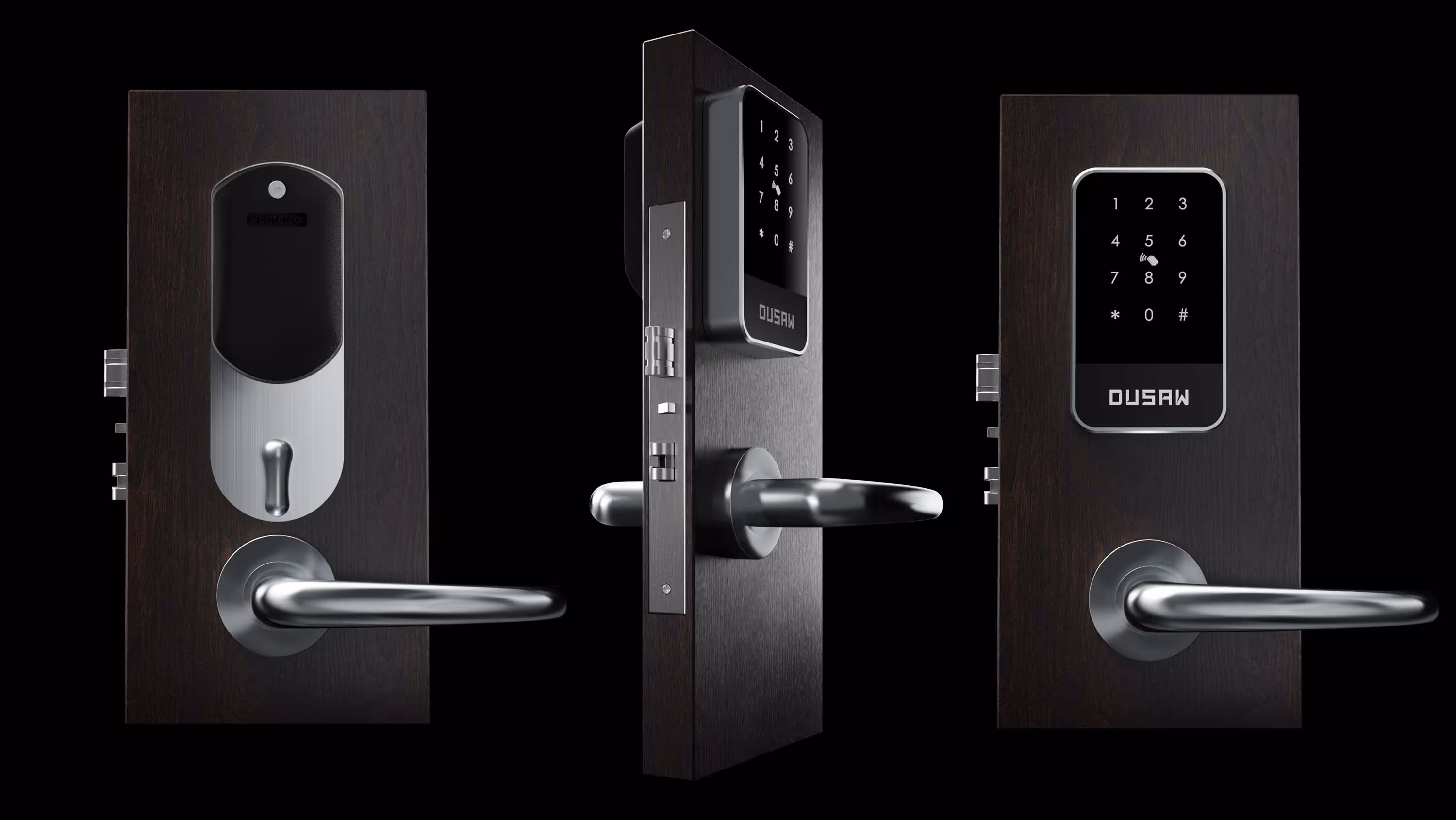 Three views of a modern electronic door lock with touchscreen keypad and metal handle on dark wood.