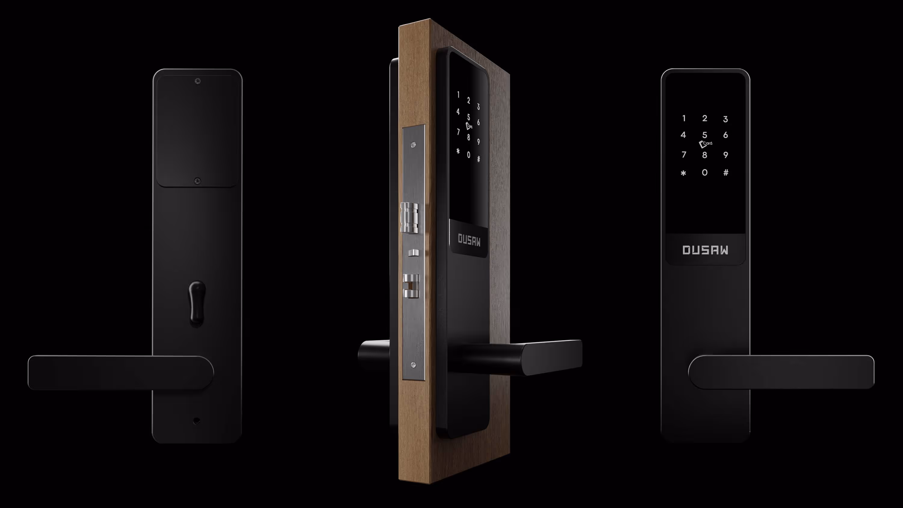 Three black electronic door locks with handles and numeric keypads on a black background.