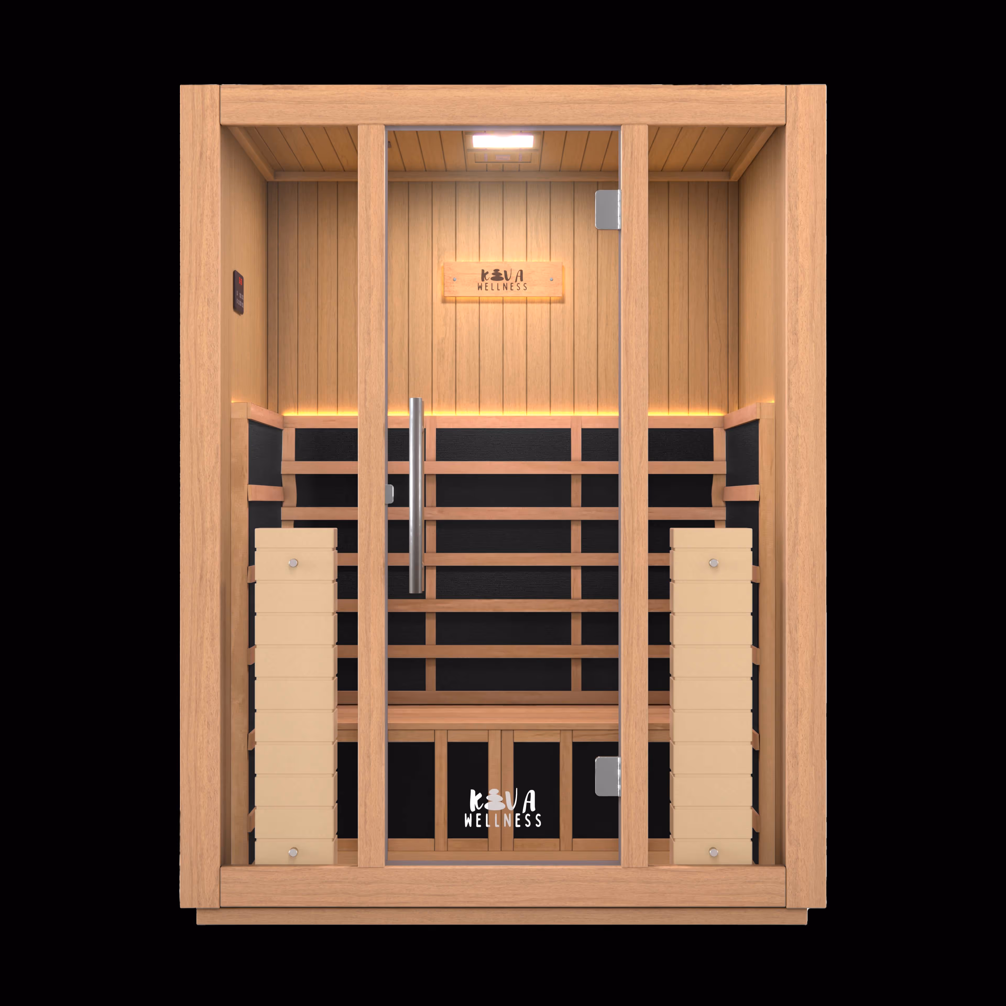Front view of a wooden sauna with glass door, bench seating, and wellness logo inside.