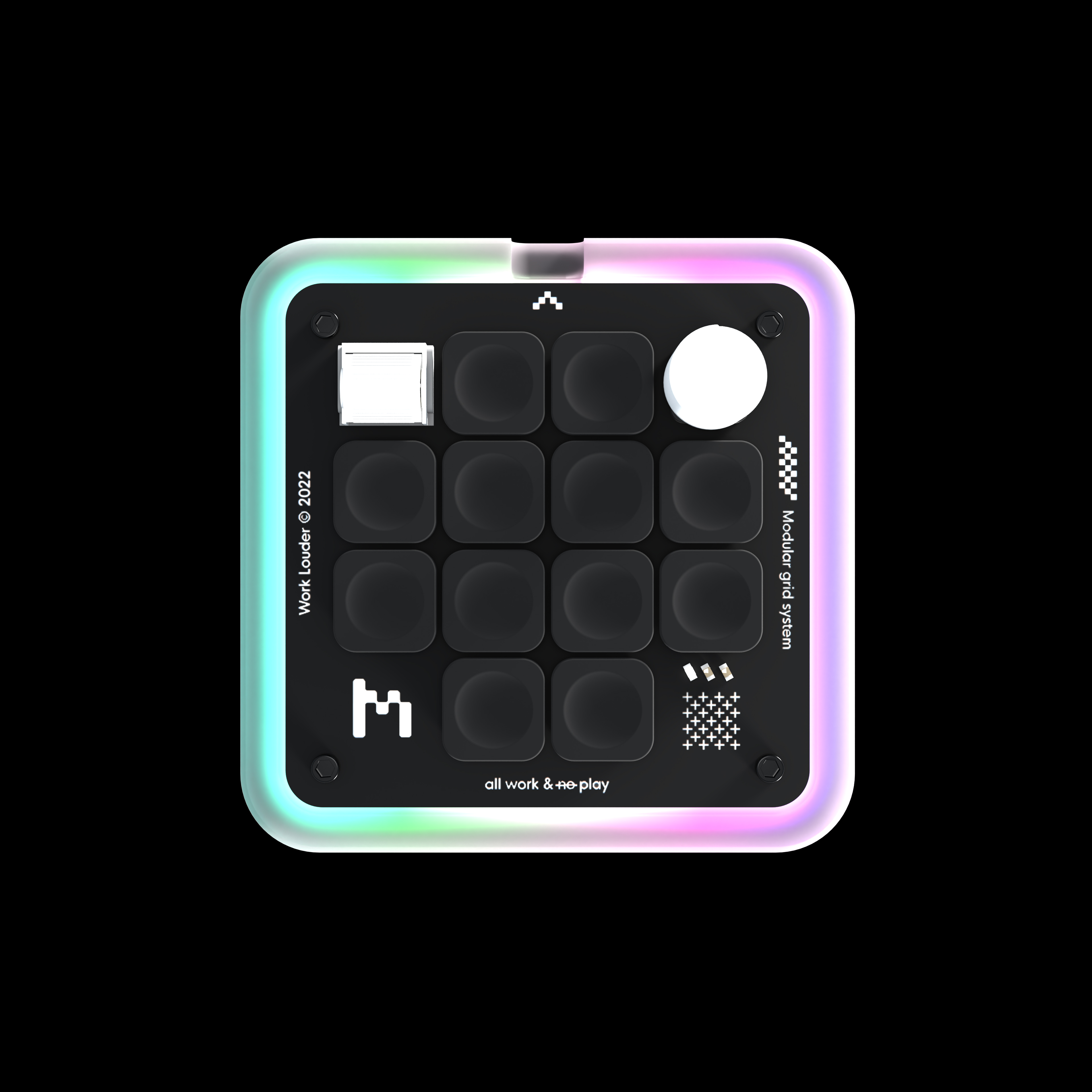 Compact black modular grid controller with 12 pads, one white knob, one toggle switch, and RGB border lights.