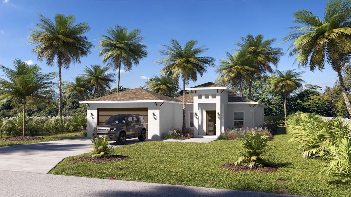 Modern single-story white house with a garage, black SUV, palm trees, and green lawn under a clear blue sky.