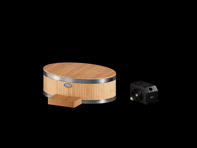 Wooden oval portable hot tub with small steps and a connected black heater emitting steam.