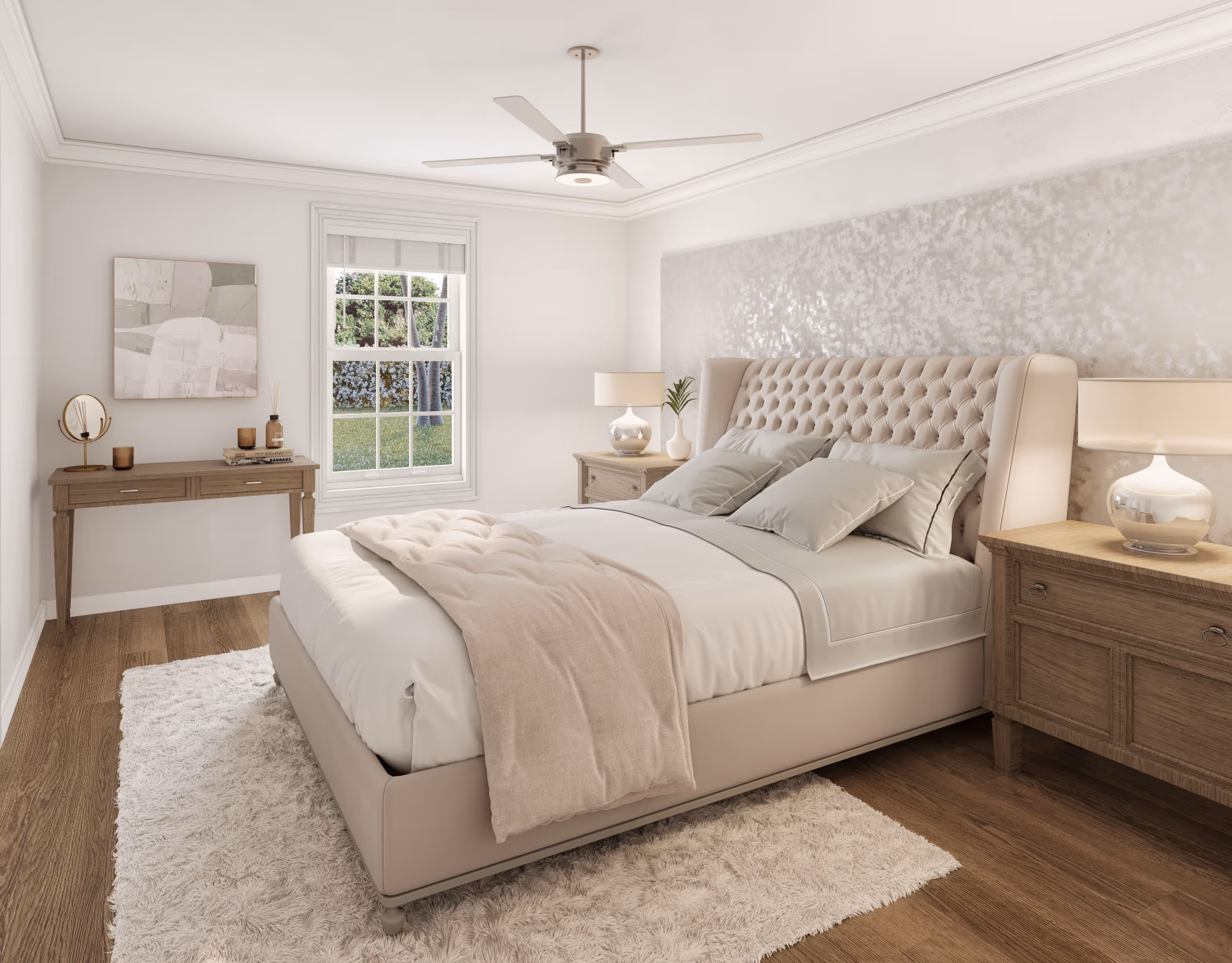 Neutral bedroom with tufted bed, wooden nightstands, lamps, window, wooden floor, and beige rug.