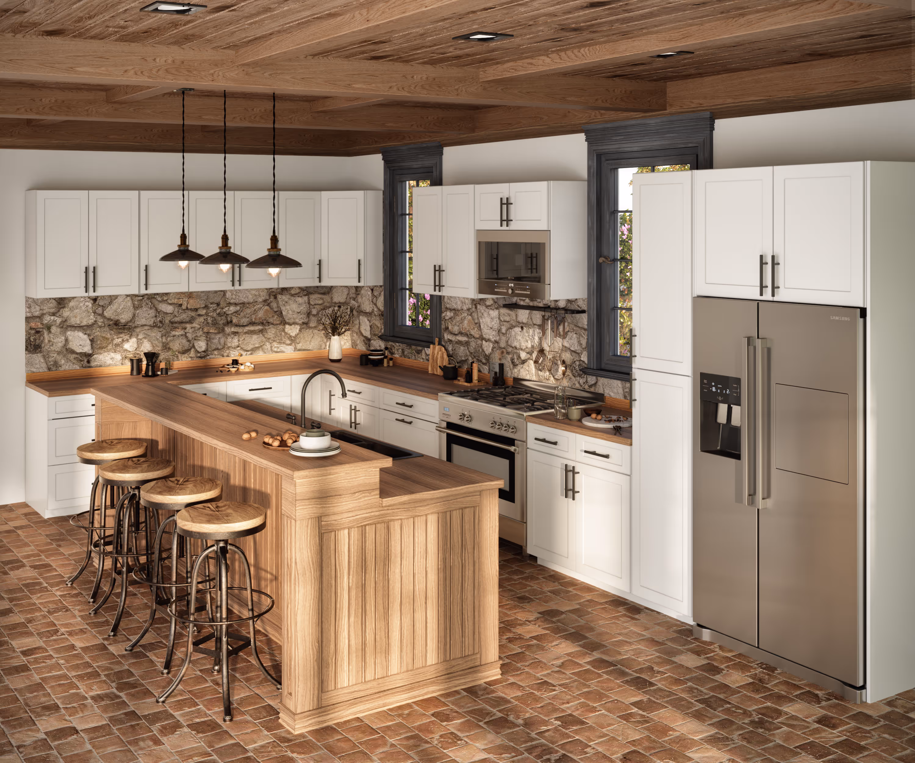 Rustic kitchen with wood ceiling, stone backsplash, white cabinets, island, stools, and stainless steel appliances.