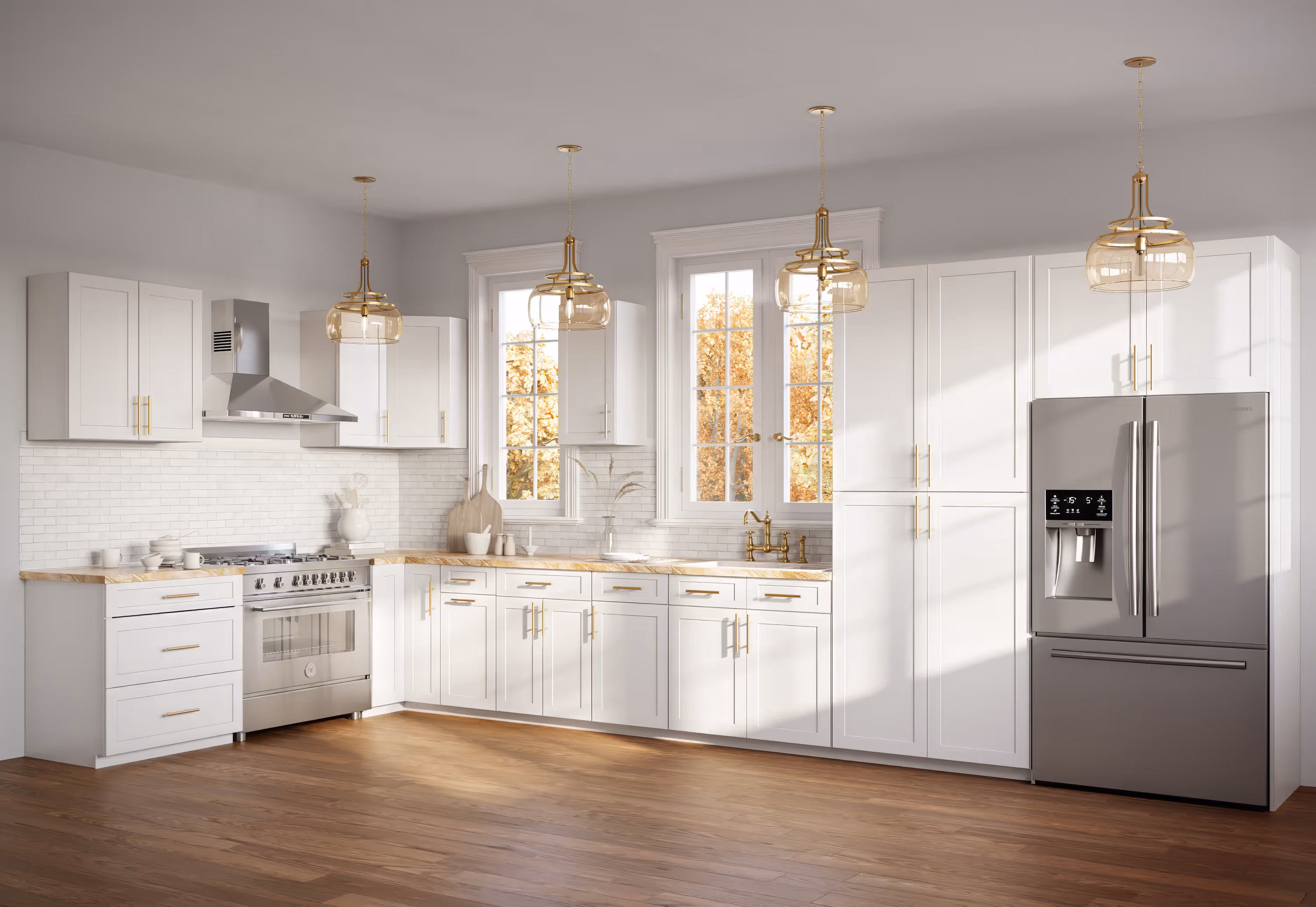 Modern farmhouse kitchen with white cabinets, wood countertops, stainless stove, fridge, and hanging glass pendant lights.