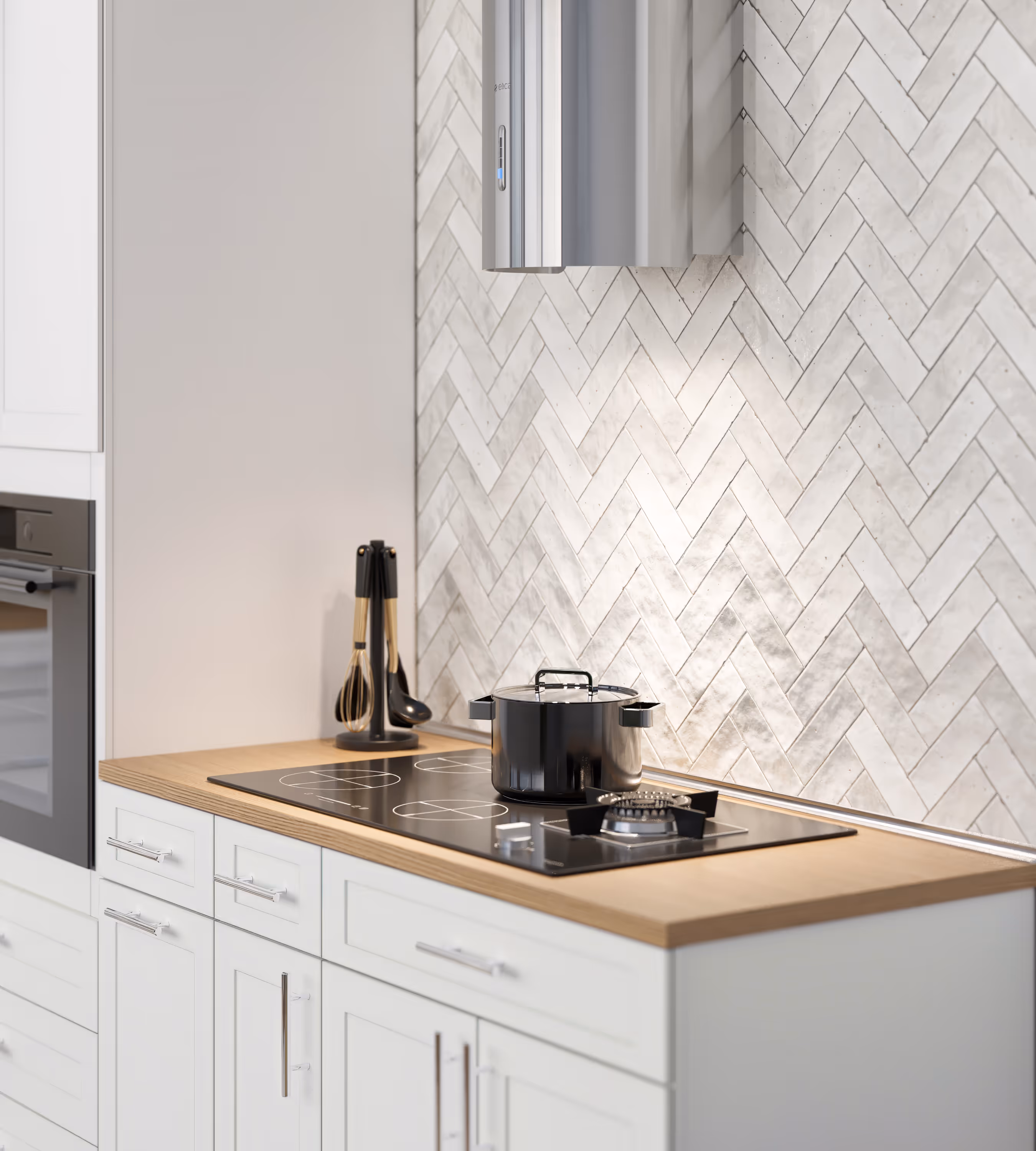Contemporary kitchen with white cabinets, wooden countertop, black pot on stovetop, and herringbone tile backsplash.