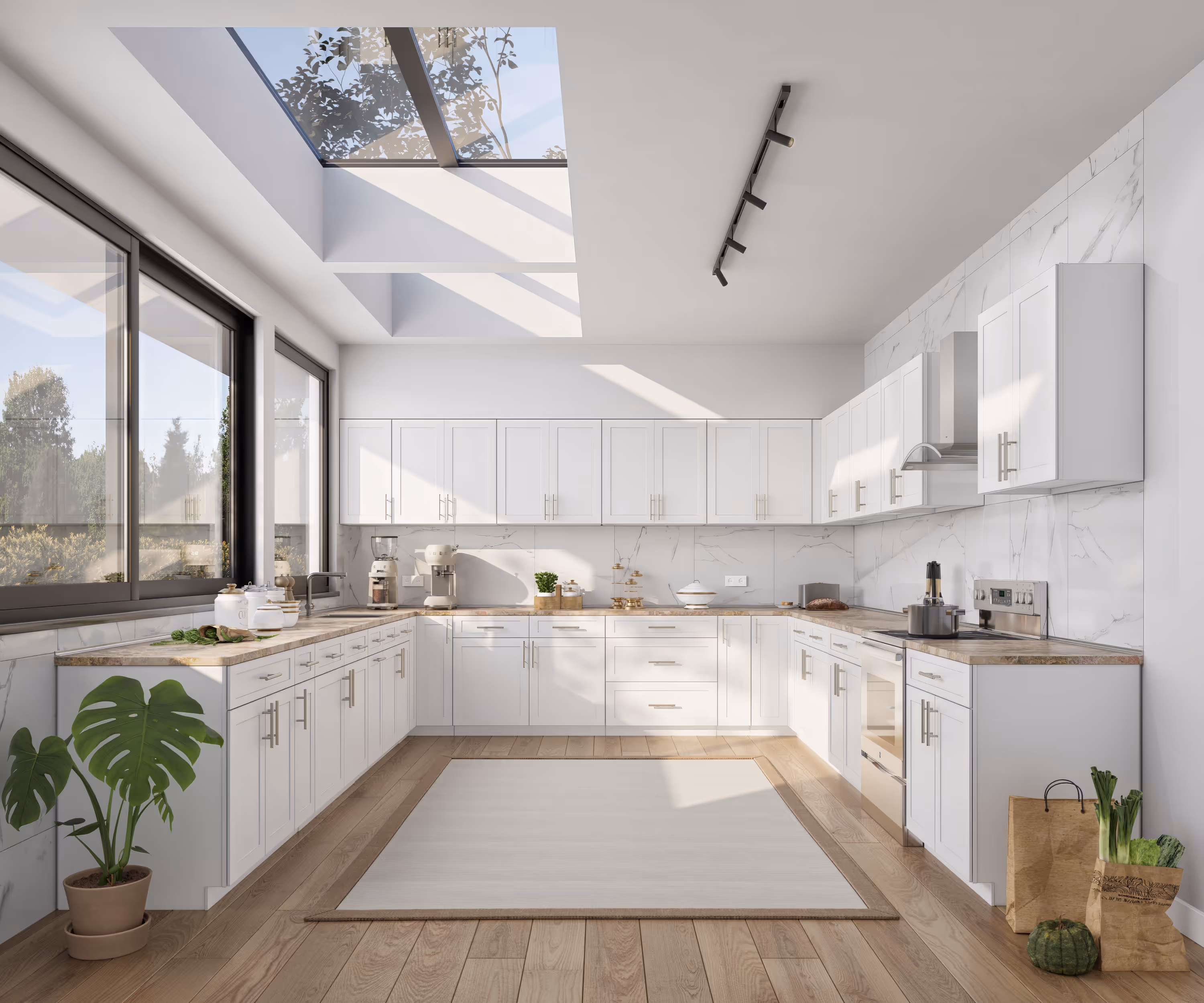Bright contemporary kitchen with white cabinets, large windows, skylights, wooden floors, and indoor plants.