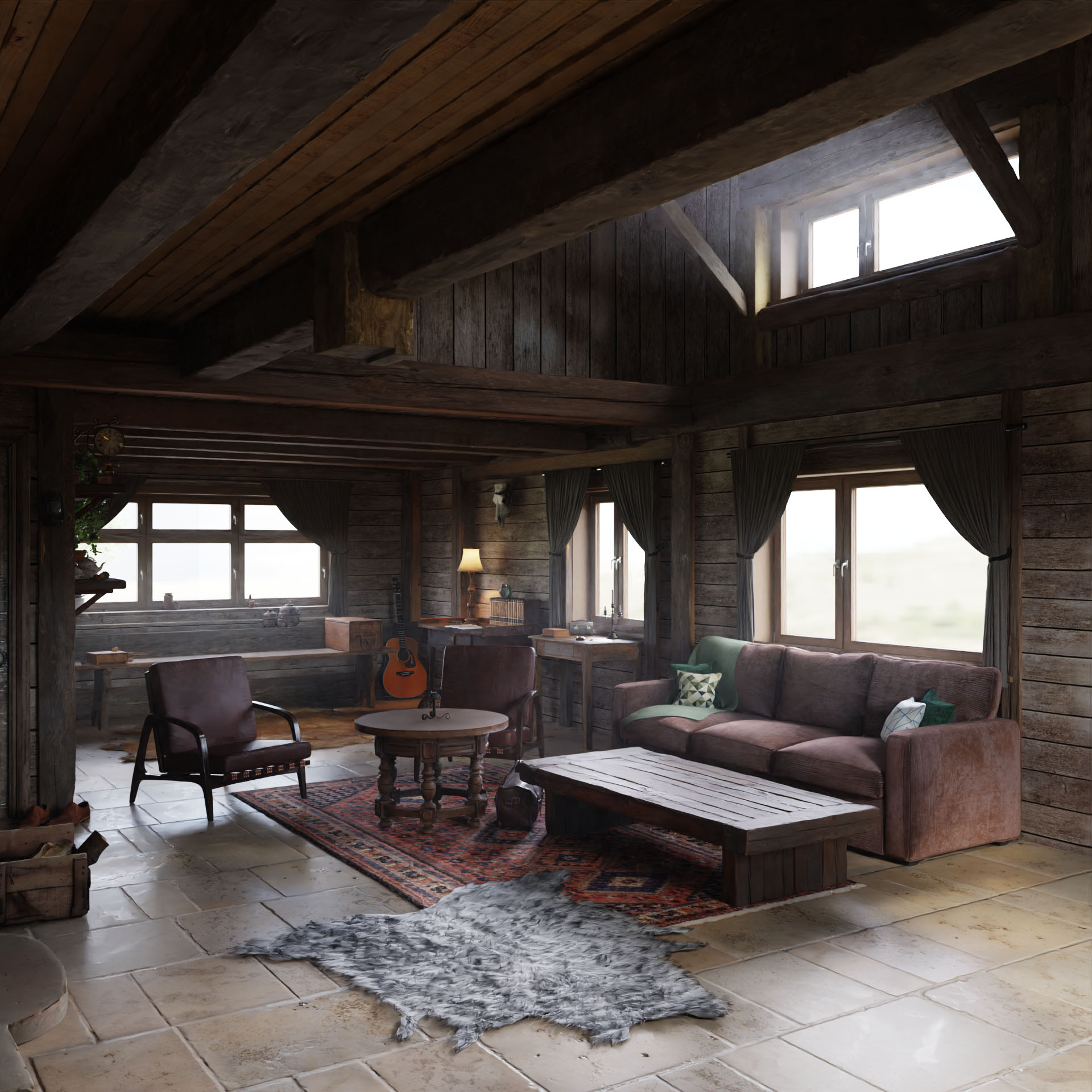 Rustic living room with wooden beams, leather chairs, brown sofa, coffee tables, and a guitar near windows.