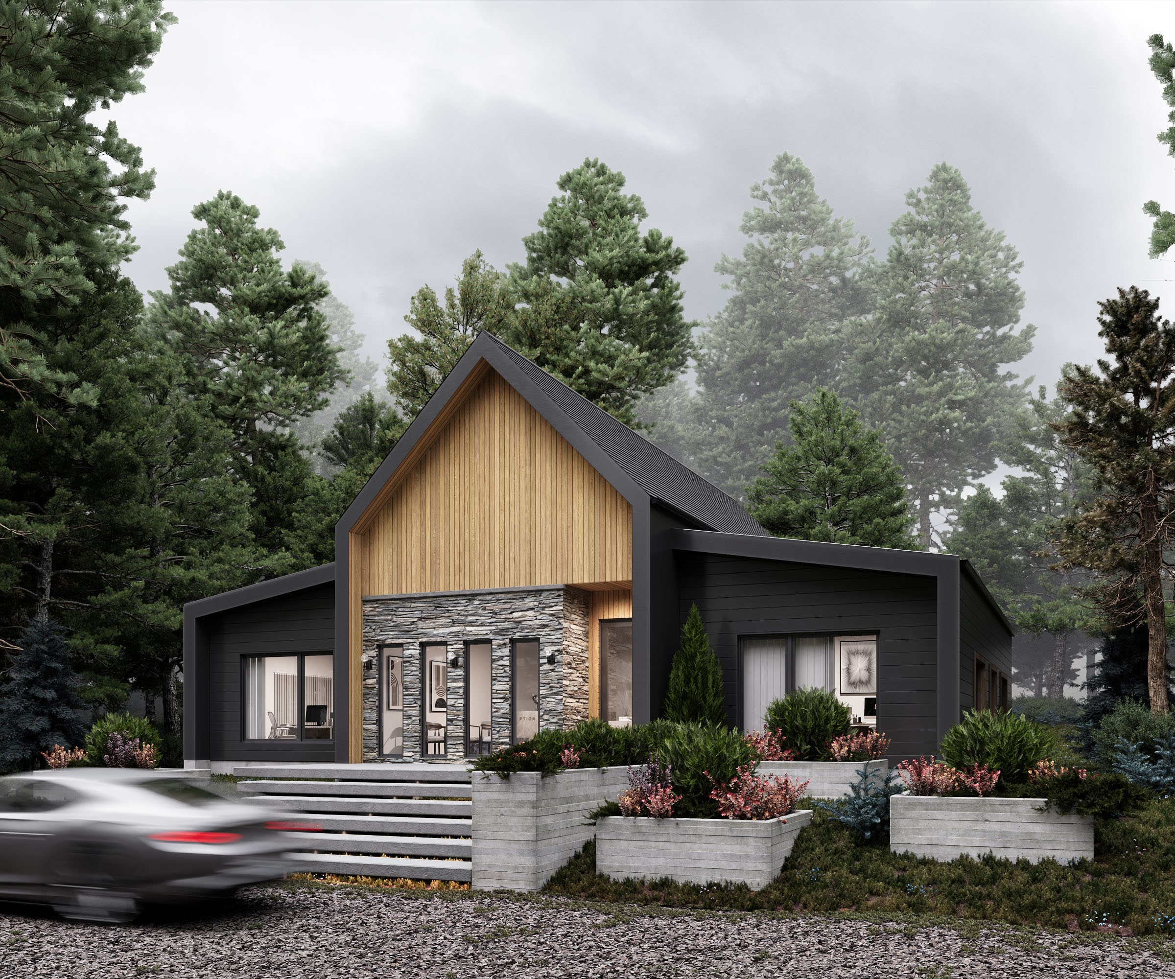 Modern house with wood and stone facade surrounded by pine trees and landscaped planters.