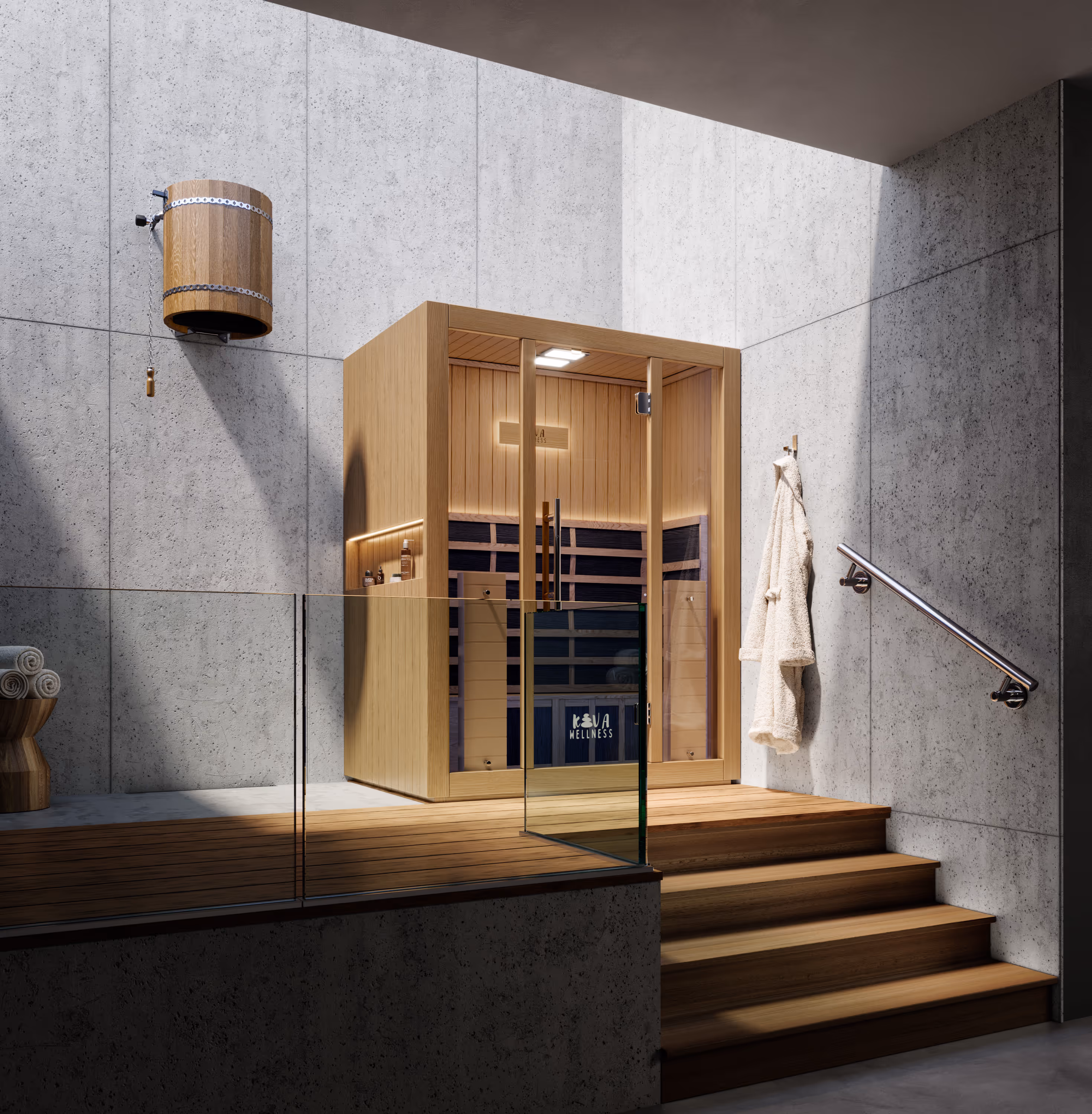 Modern wooden sauna room with glass door, towel on wall hook, and concrete walls with wood floor.