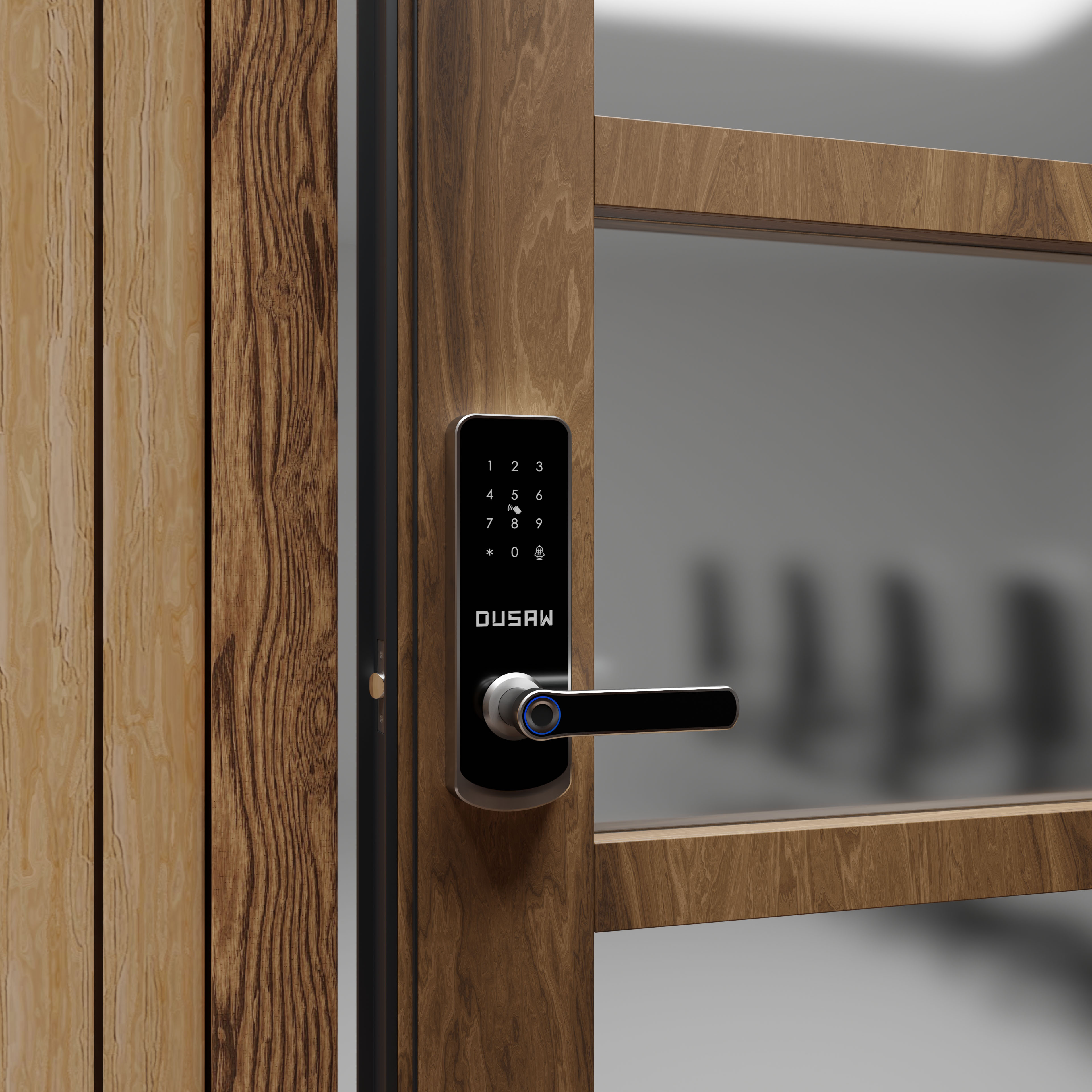 Wooden door with a digital keypad and touchscreen smart lock handle.