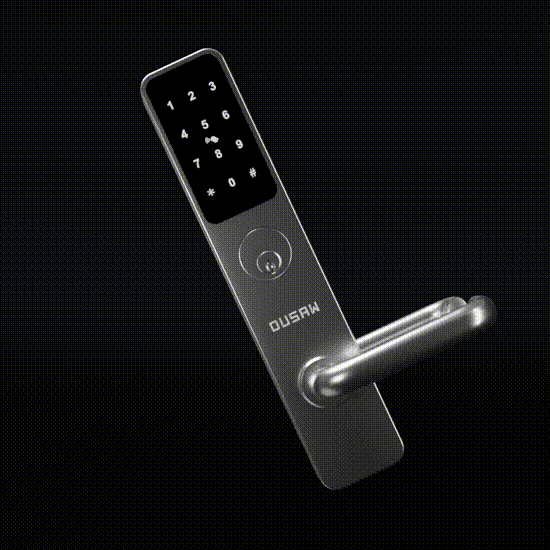 Digital keypad door lock with metal handle and numeric touchpad on black background.