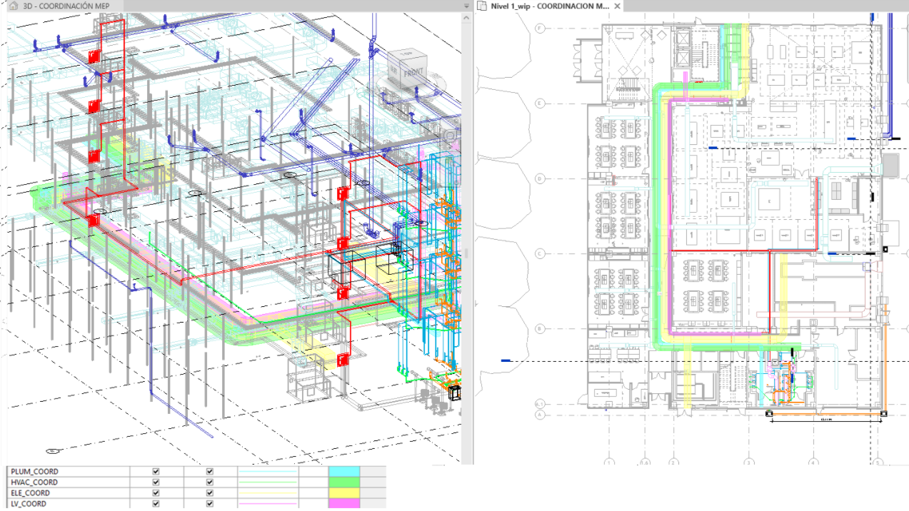 Modelo federado MEP en vista 3D y en planta, con cada disciplina diferenciada por color para la detección de interferencias