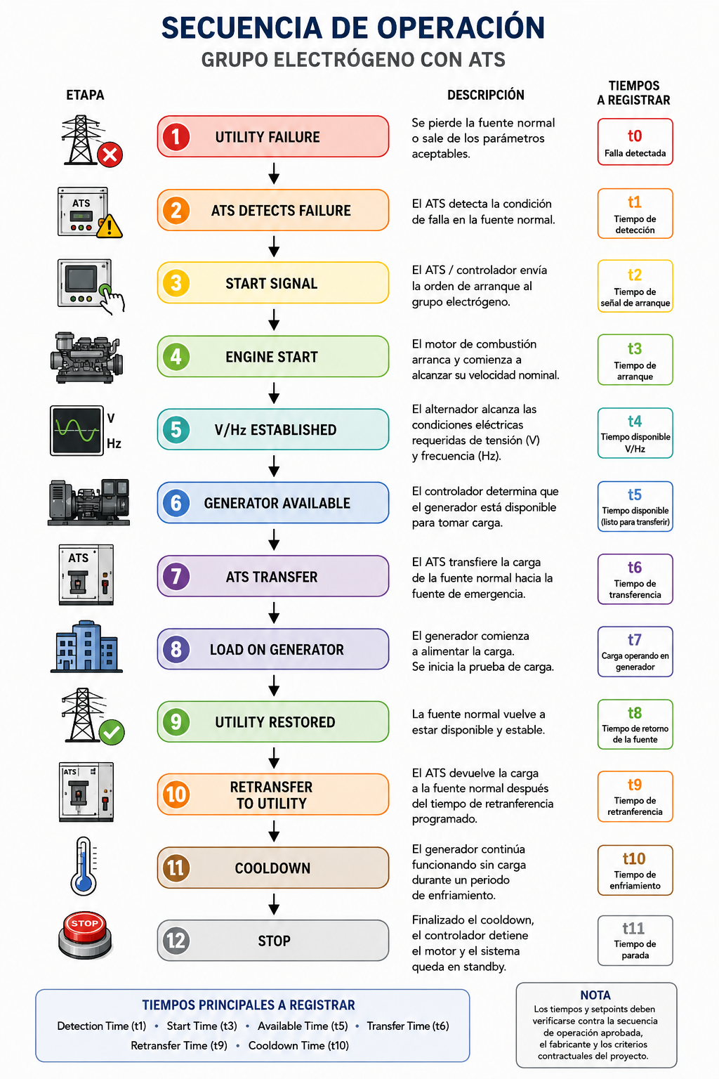Diagrama de la secuencia de operación de un grupo electrógeno con ATS, desde la falla de la fuente normal hasta el paro, con los tiempos a registrar en cada etapa