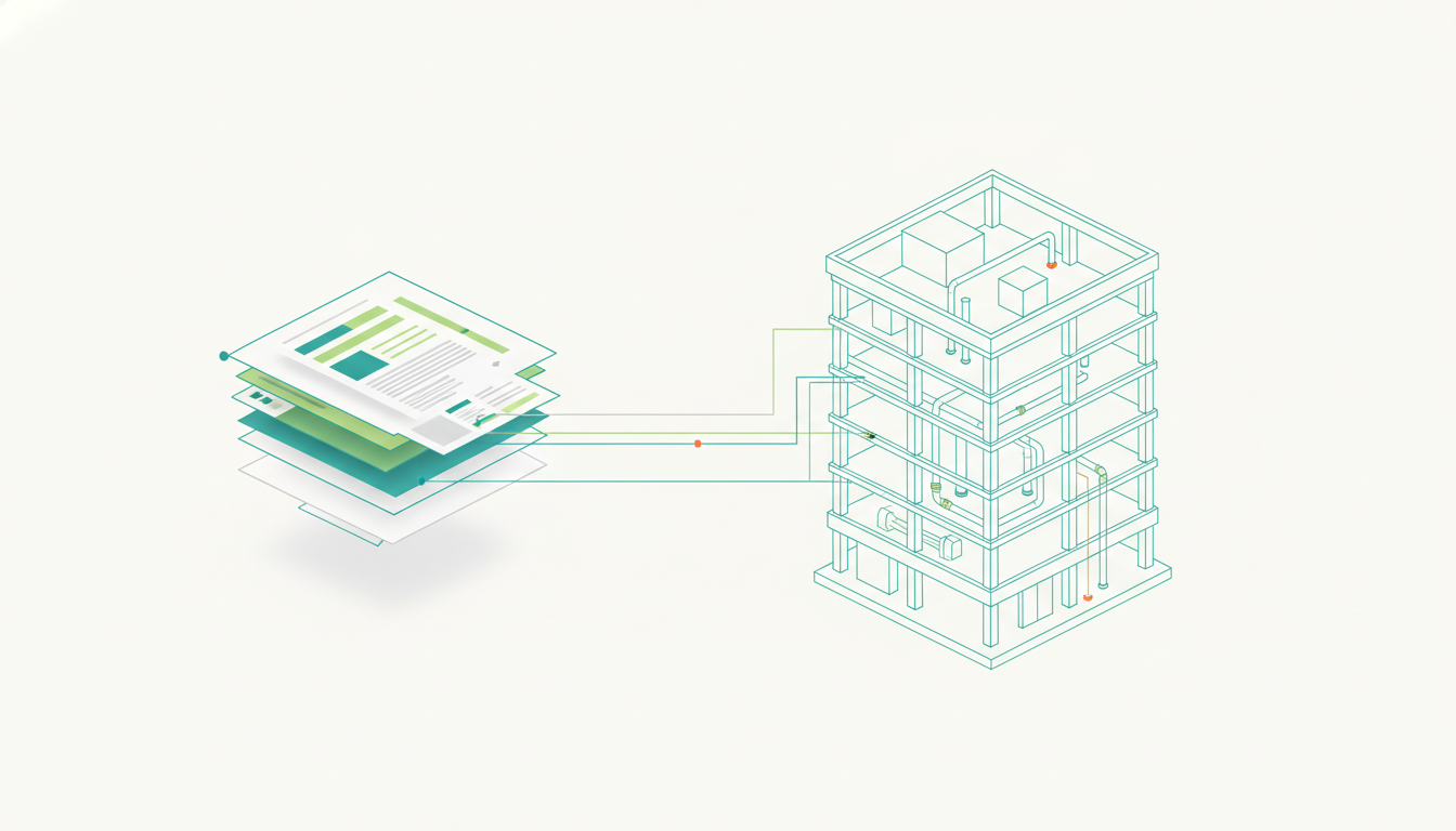 Capas de documentos y diagramas de información conectadas a un modelo BIM alámbrico de un edificio con sus instalaciones