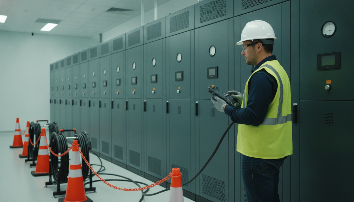 Ingeniero de commissioning revisando lecturas frente a un tablero eléctrico en un área de pruebas acordonada dentro de un data center