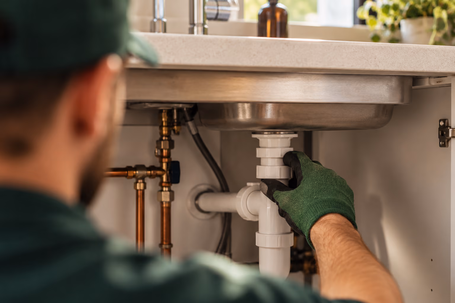 A plumber wearing green gloves fixing white PVC pipes under a kitchen sink with copper pipes visible, set in a cabinet.