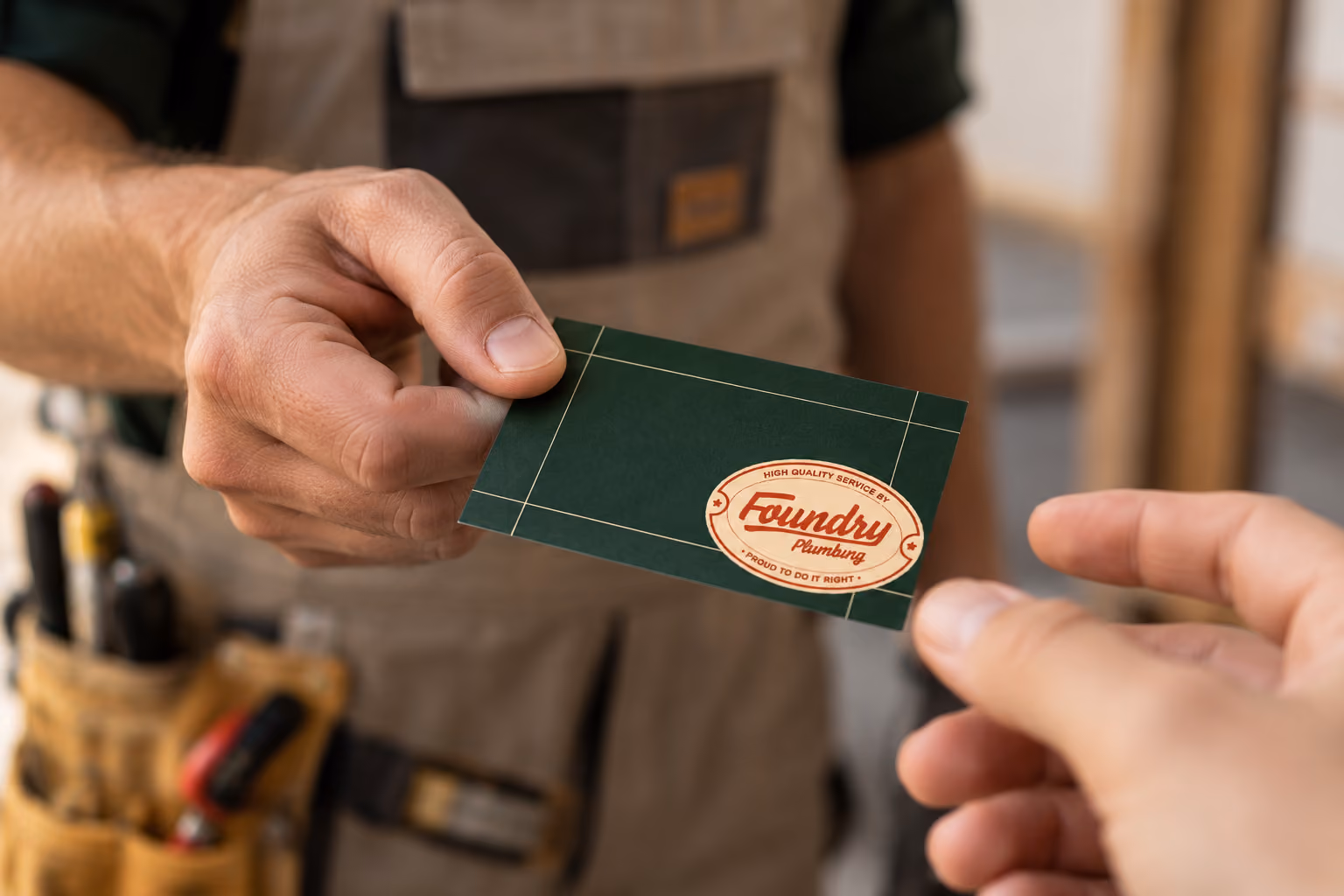 Person in work attire with tool belt handing a green business card to another person, the card reads 'Foundry Plumbing' with the slogan 'High quality service by Foundry Plumbing, proud to do it right.'