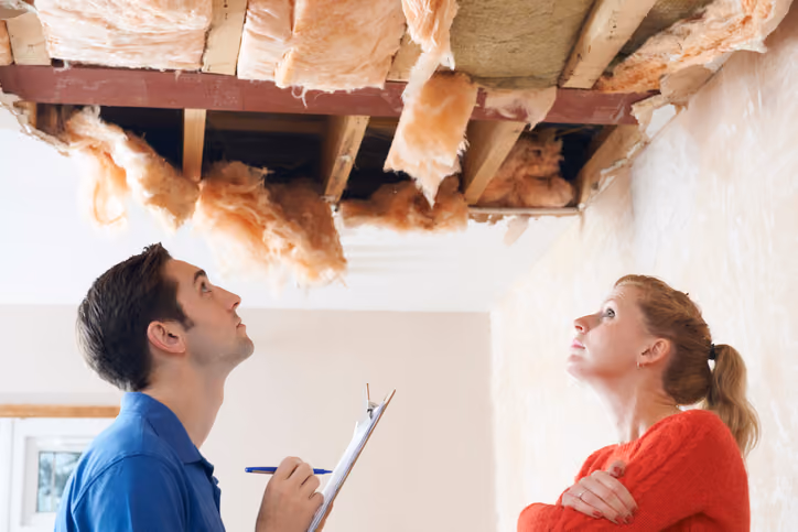 Two people inspecting a hole in the ceiling of a damaged home.
