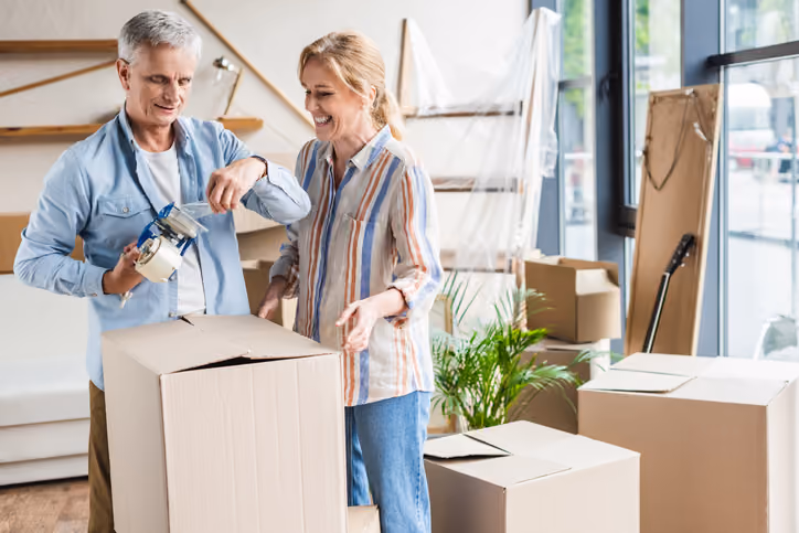 Happy senior couple packing up boxes to sell their home quickly when relocating.